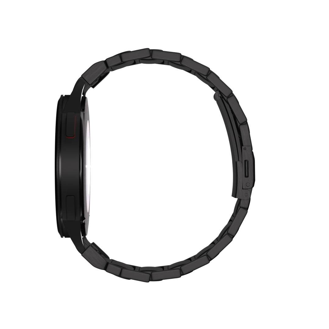 Eine schwarze Smartwatch mit Metallarmband wird im Profil vor schwarzem Hintergrund gezeigt. Das Zifferblatt ist weiß.