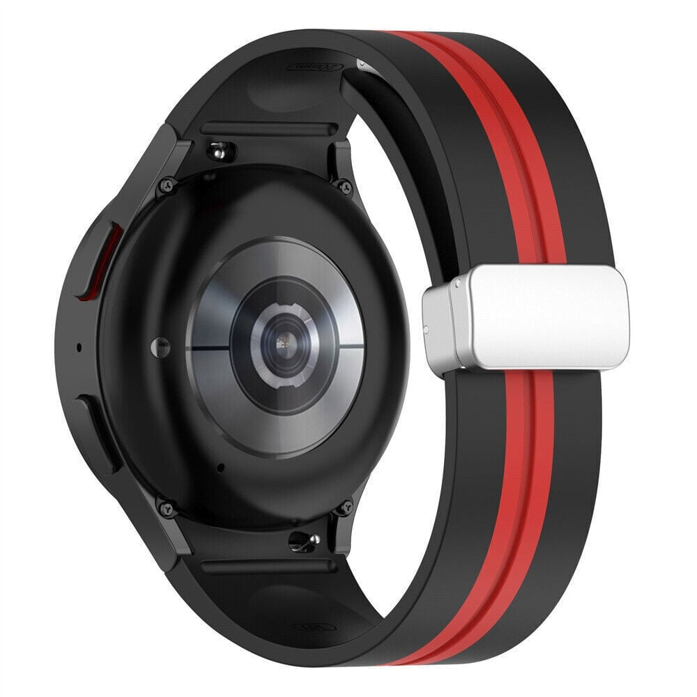 Schwarze Smartwatch mit einem schwarz-rot gestreiften Armband. Die Uhr hat eine metallische Rückseite mit Sensoren. Ein silberner Verschluss sichert das Band.