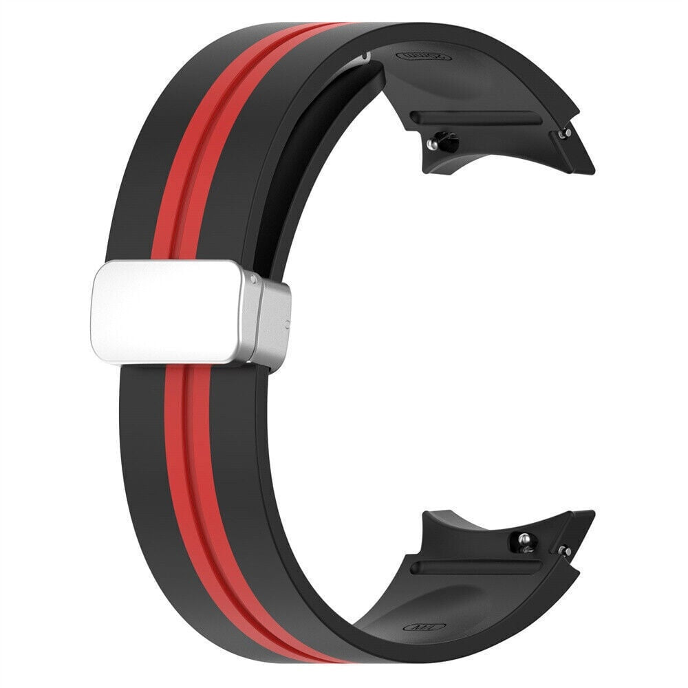 Schwarzes Uhrenarmband mit roten Streifen und einer silbernen Schließe. Das Armband ist gebogen und hat ein modernes Design.