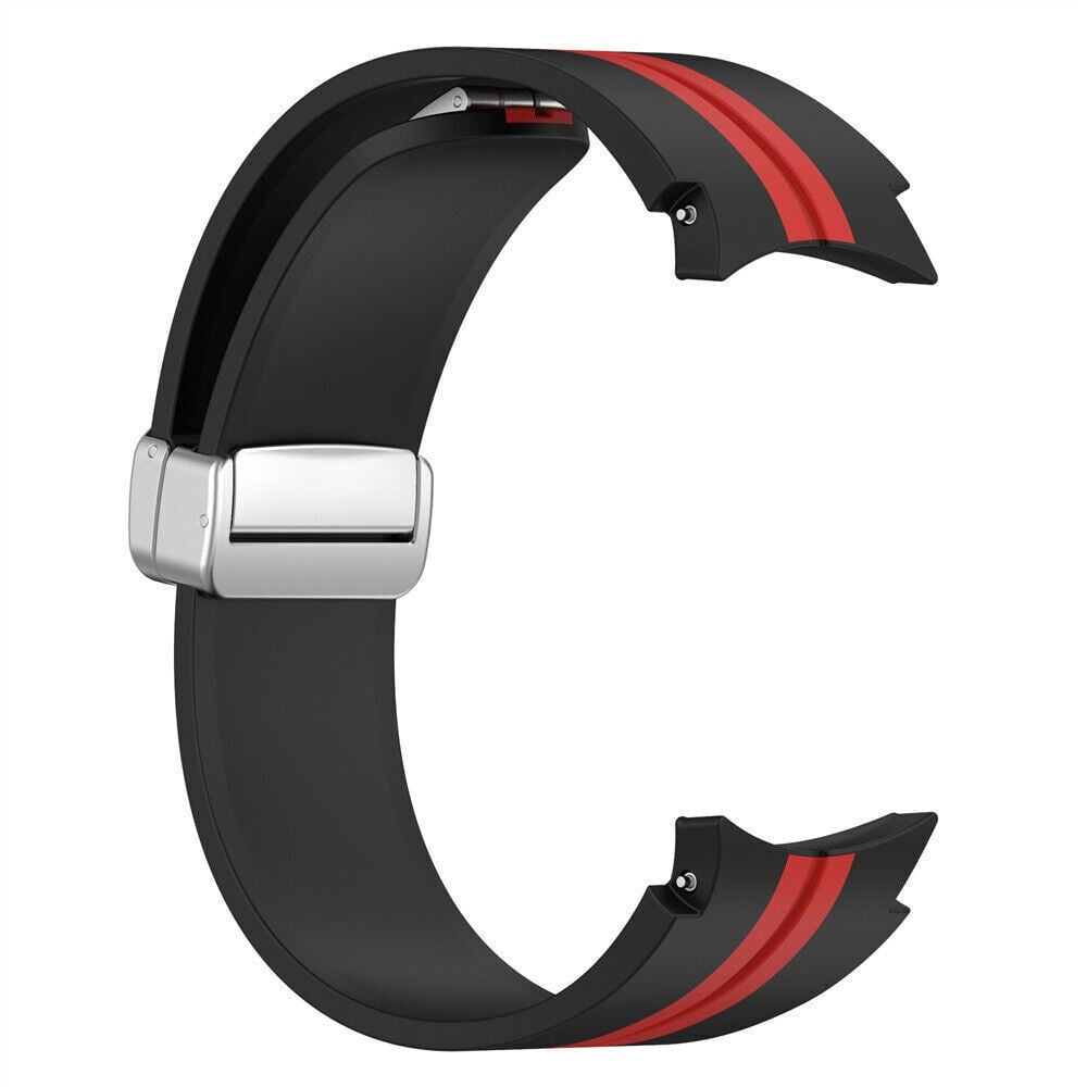 Schwarzes Uhrenarmband mit roten Streifen. Silberne Schließe. C-förmiges Design mit zwei nach außen zeigenden Enden.