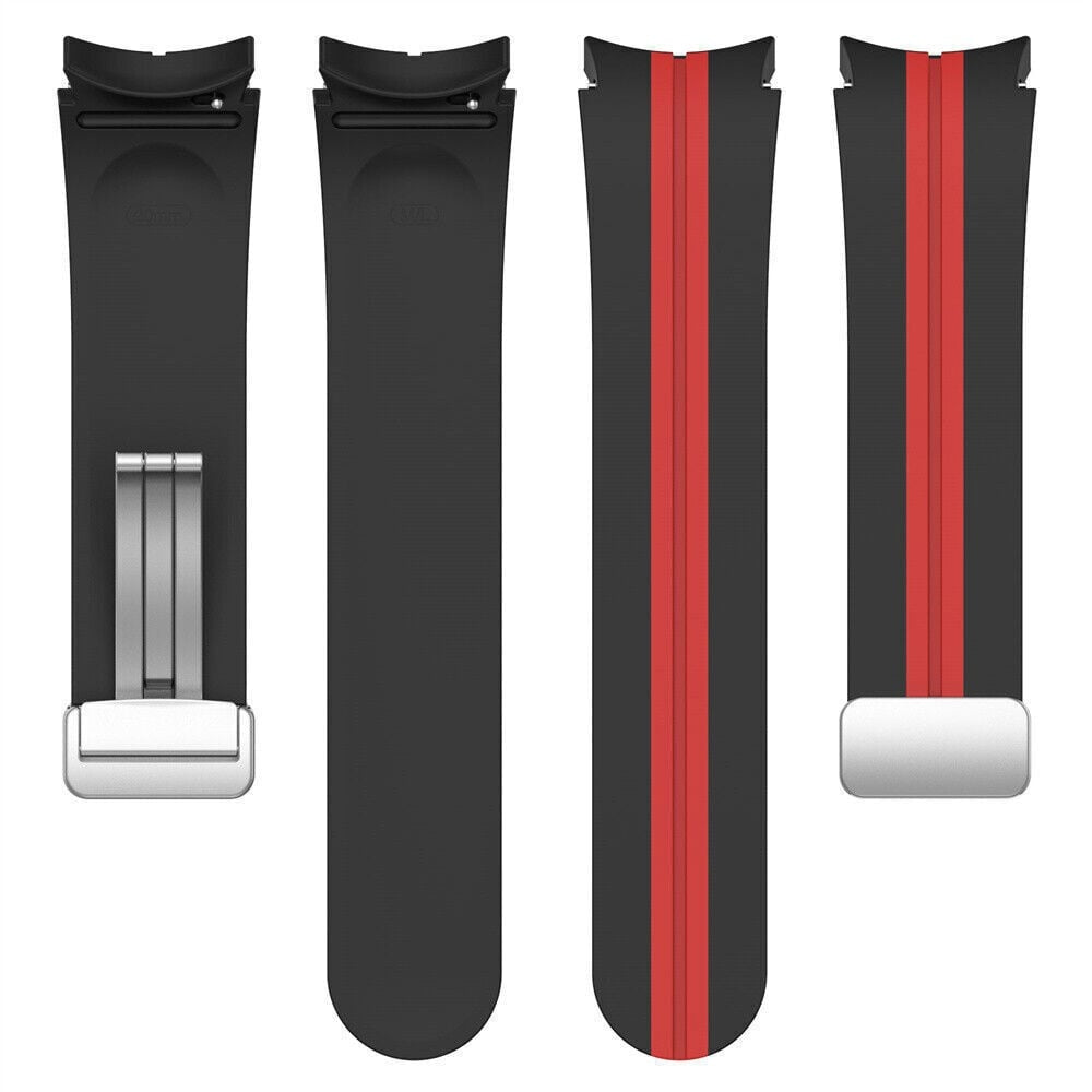 Vier schwarze Uhrenarmbänder mit silbernen Verschlüssen. Zwei haben rote Streifen. Weißer Hintergrund.
