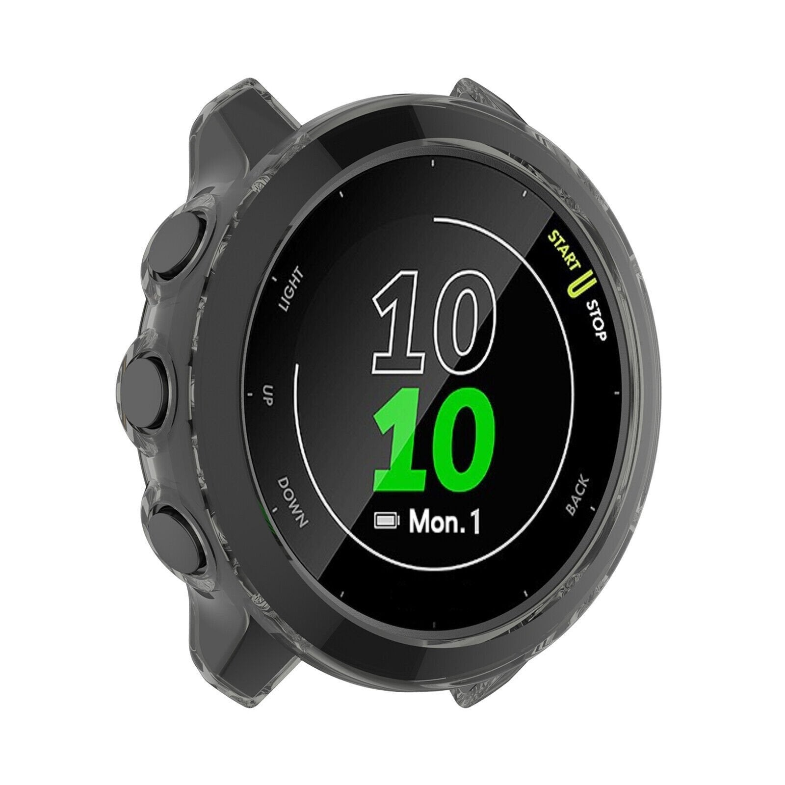 Eine schwarze Smartwatch zeigt die Uhrzeit 10:10 in Weiß und Grün an. Knöpfe befinden sich auf der linken Seite, und die Lünette hat Text.