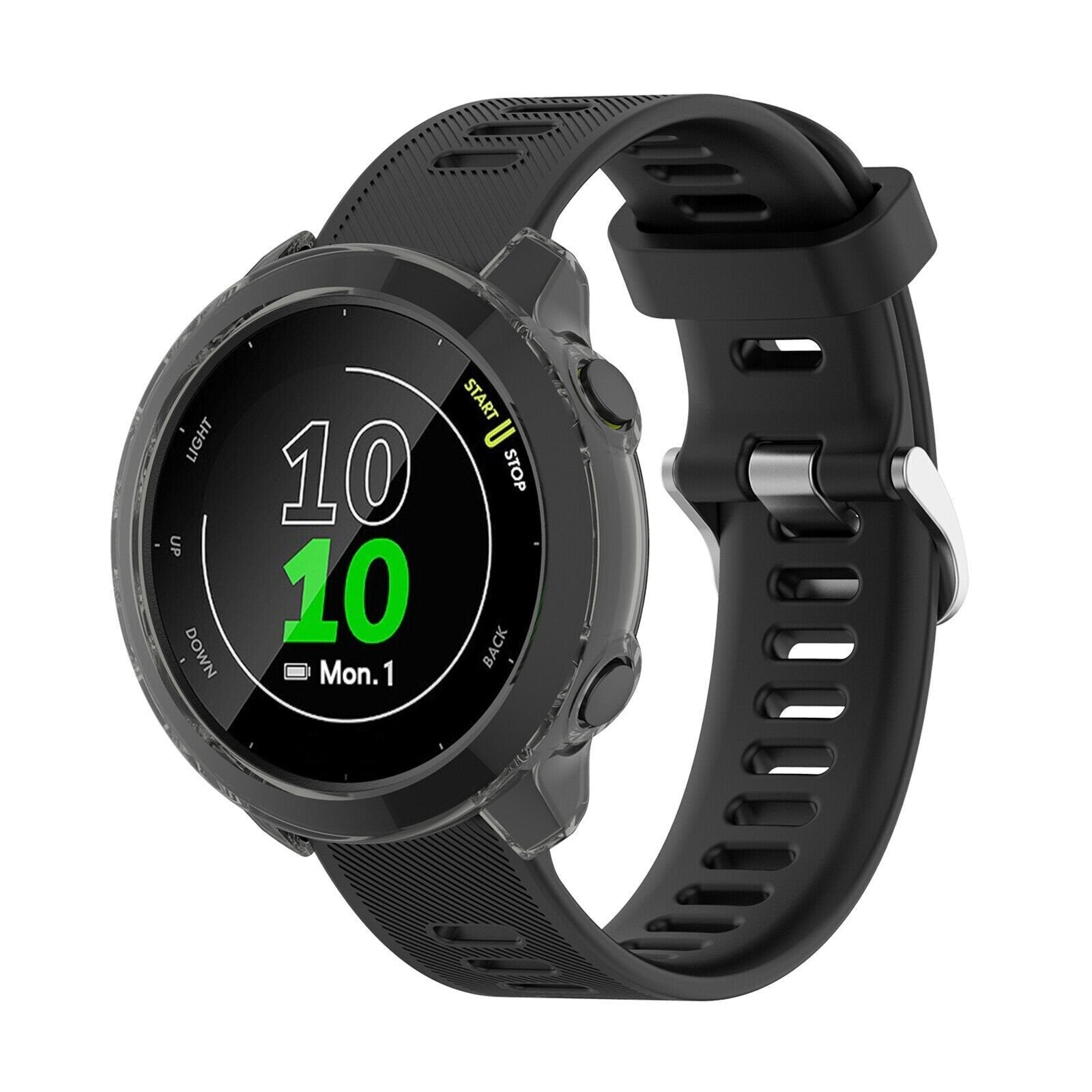 Schwarze Smartwatch mit schwarzem Armband. Der Bildschirm zeigt 10:10 und Mo. 1. Die Uhr hat Knöpfe und eine klare Abdeckung.