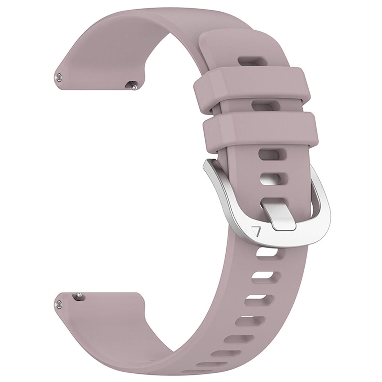 Ein helllila Uhrenarmband. Es hat eine Edelstahlschnalle. Das Band ist gebogen und hat Löcher zur Anpassung.