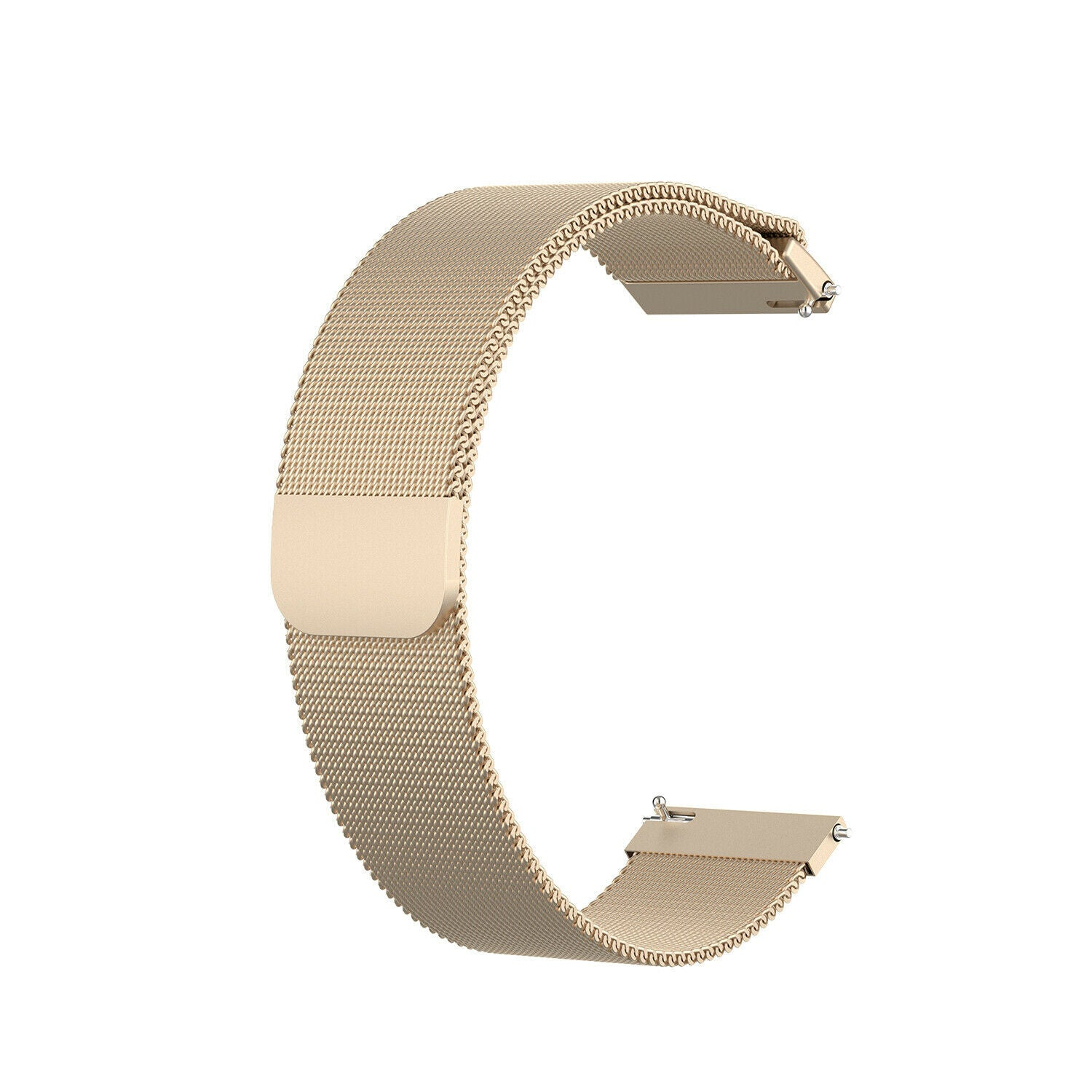 Ein goldfarbenes Uhrenarmband in C-Form. Es hat ein Mesh-Design und befindet sich vor einem weißen Hintergrund.