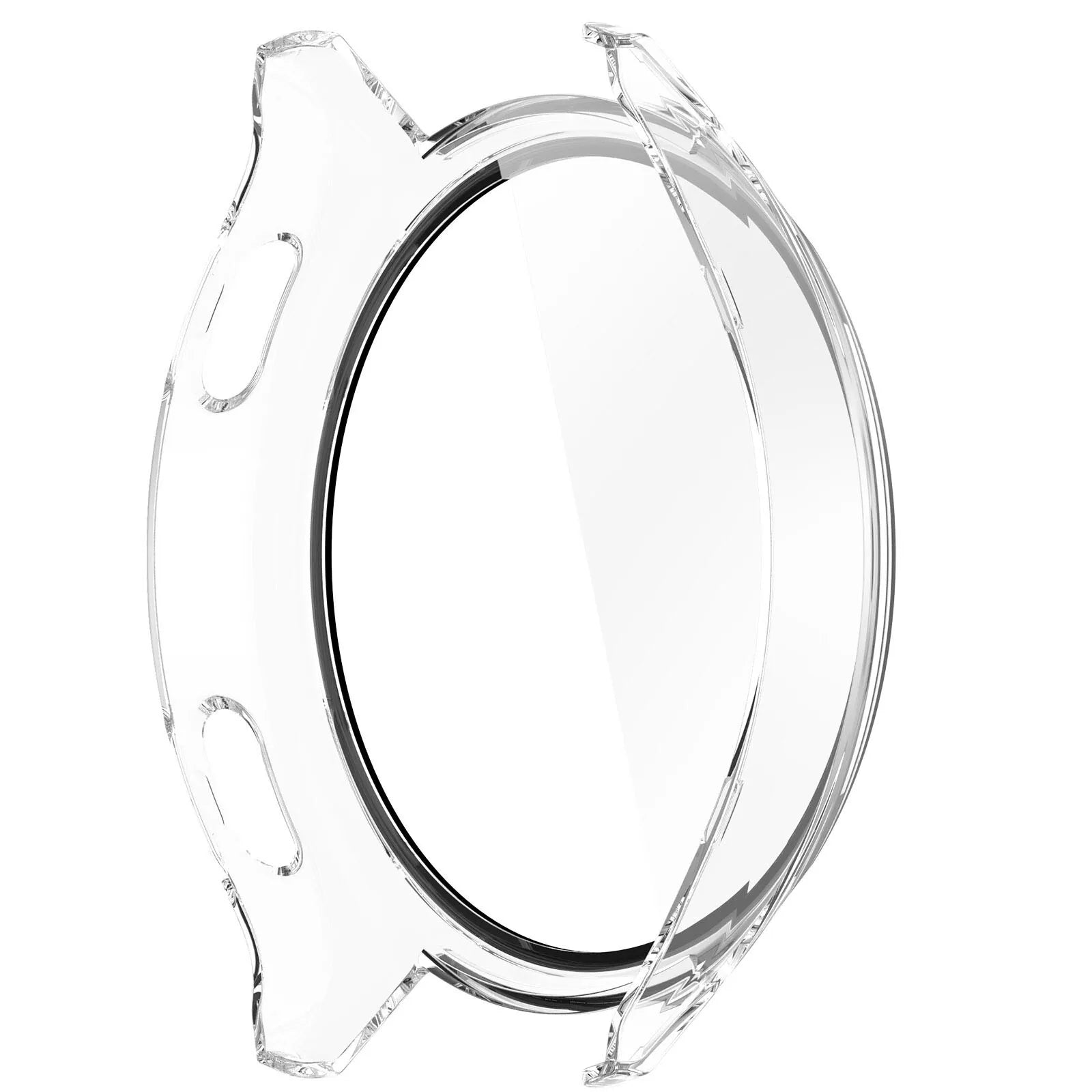 Eine transparente, klare Schutzhülle für eine Smartwatch, mit runder Form und schwarzem Rand. Isoliert auf Weiß.
