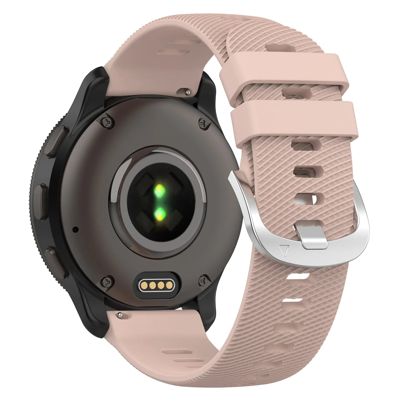 Eine Smartwatch mit rosa Armband wird gezeigt. Das Zifferblatt ist dunkel. Das Armband hat eine Metallschnalle.