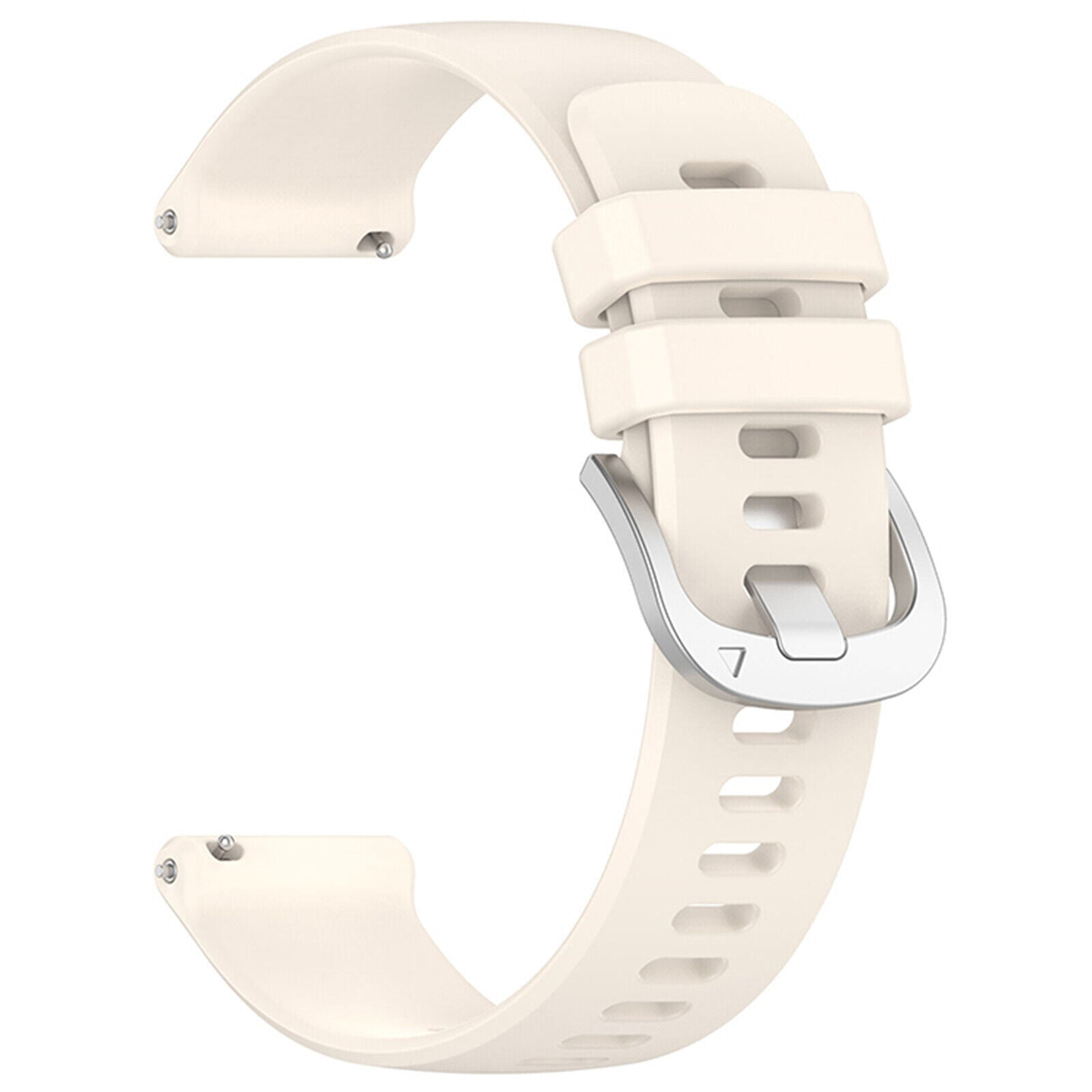 Cremefarbenes Uhrenarmband mit silberner Schnalle. Das Band hat Löcher zur Anpassung. Es ist auf weißem Hintergrund.