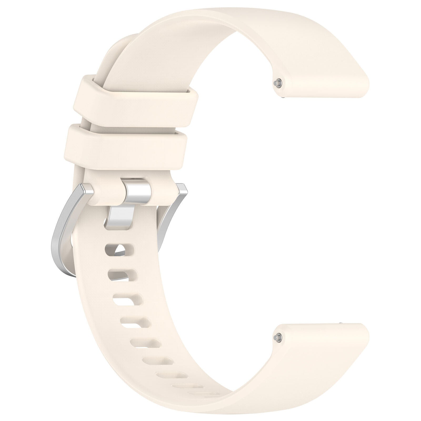 Ein hellbeiges Uhrenarmband mit silberner Schnalle. Es hat ein gebogenes Design und mehrere Löcher zur Anpassung.