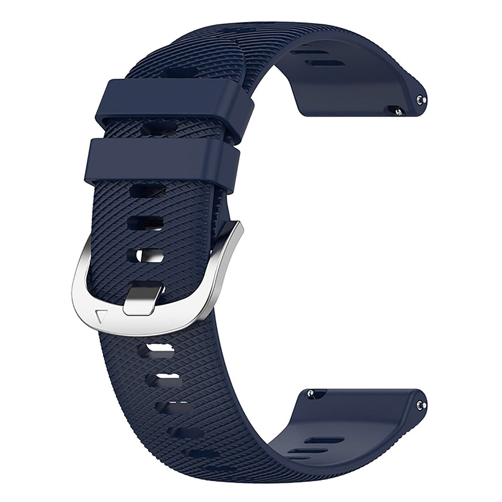 Ein marineblaues Uhrenarmband mit strukturierter Oberfläche und silberner Schnalle vor weißem Hintergrund.