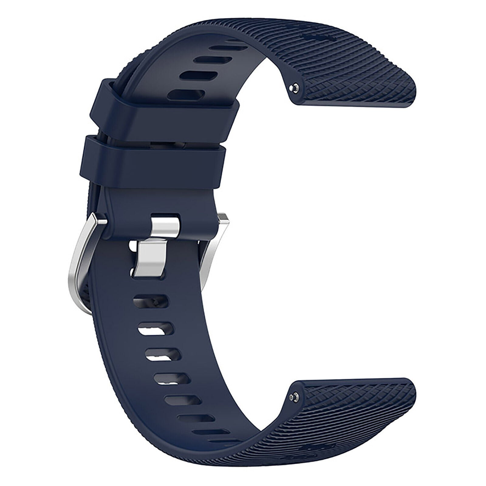 Ein dunkelblaues Uhrenarmband, C-förmig gebogen, mit einer silbernen Schnalle.