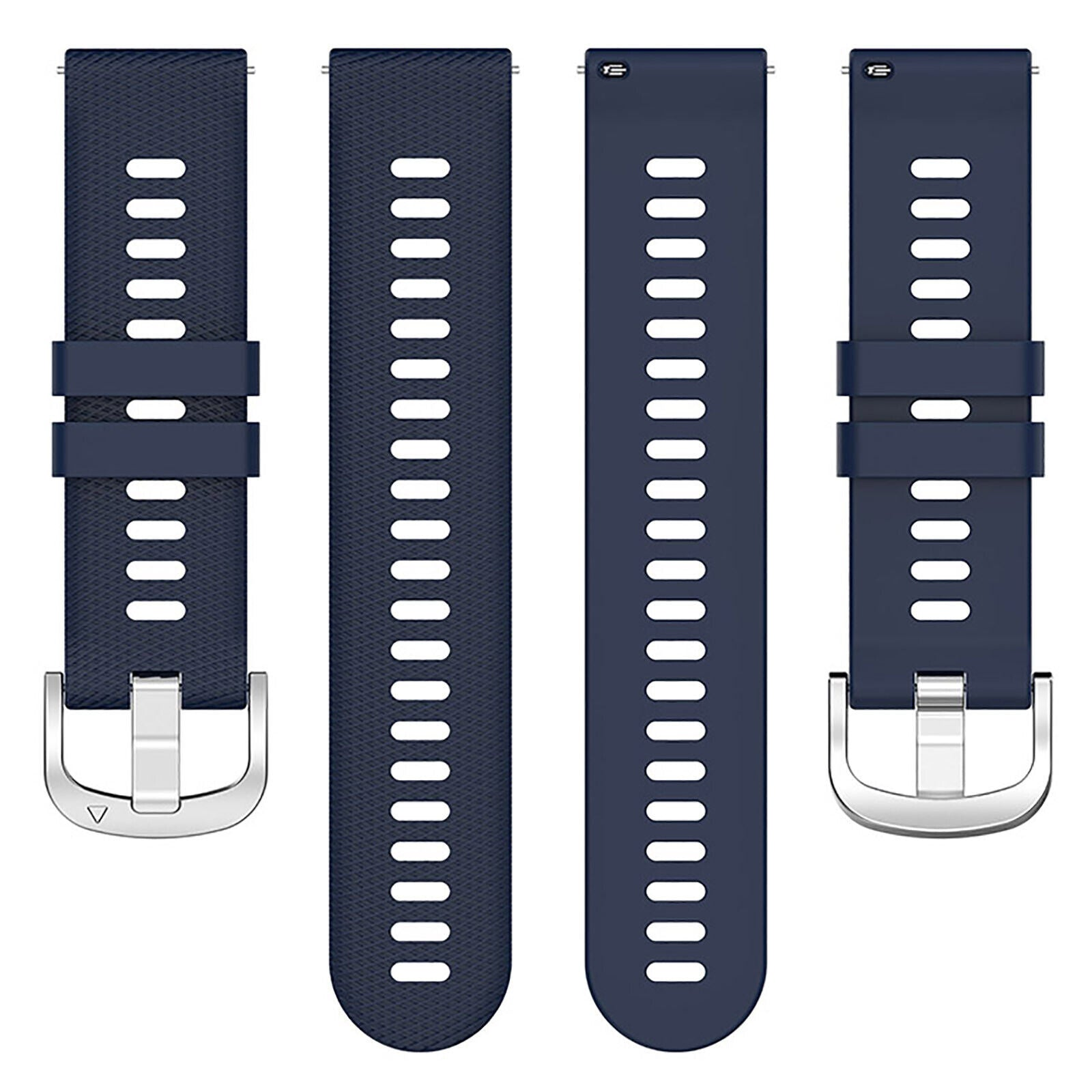 Vier marineblaue Uhrenarmbänder mit silbernen Schnallen sind vertikal angeordnet. Jeder Riemen hat mehrere Löcher.