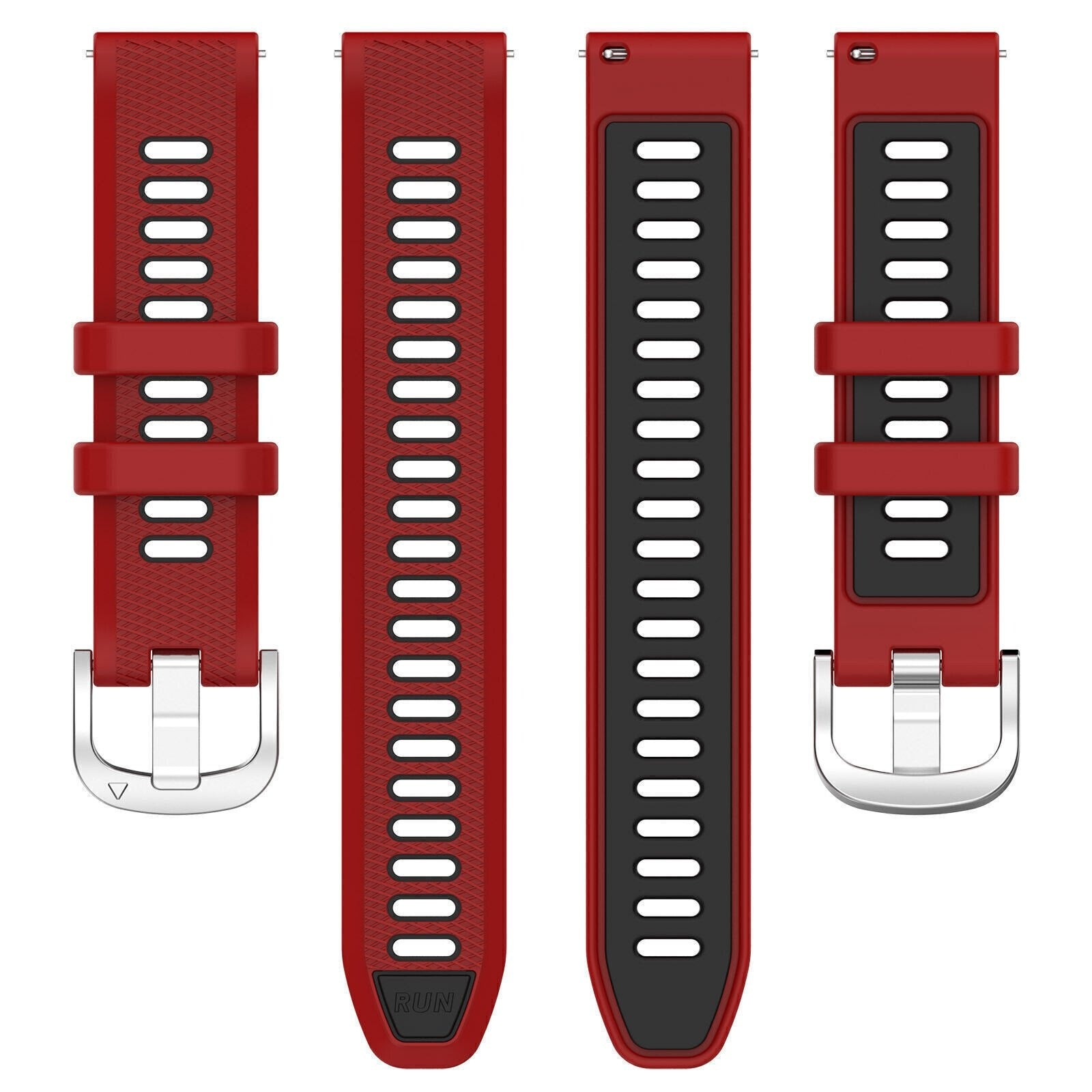 Vier rote und schwarze Uhrenarmbänder. Jedes hat ein anderes Design mit Löchern und Schnallen. Der Hintergrund ist weiß.