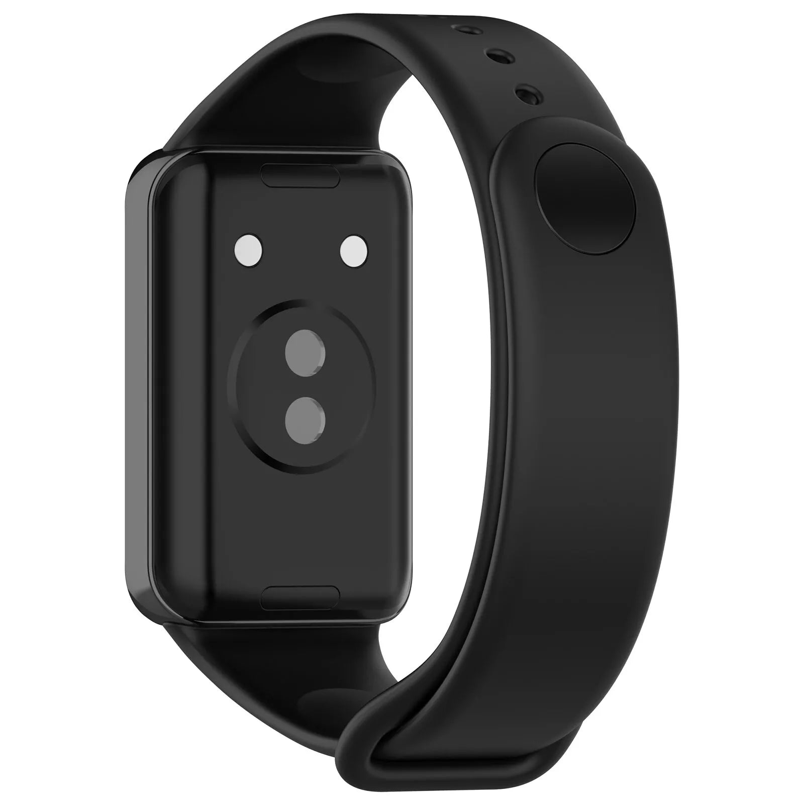 Eine schwarze Smartwatch mit rechteckigem Bildschirm und schwarzem Armband wird vor weißem Hintergrund angezeigt.