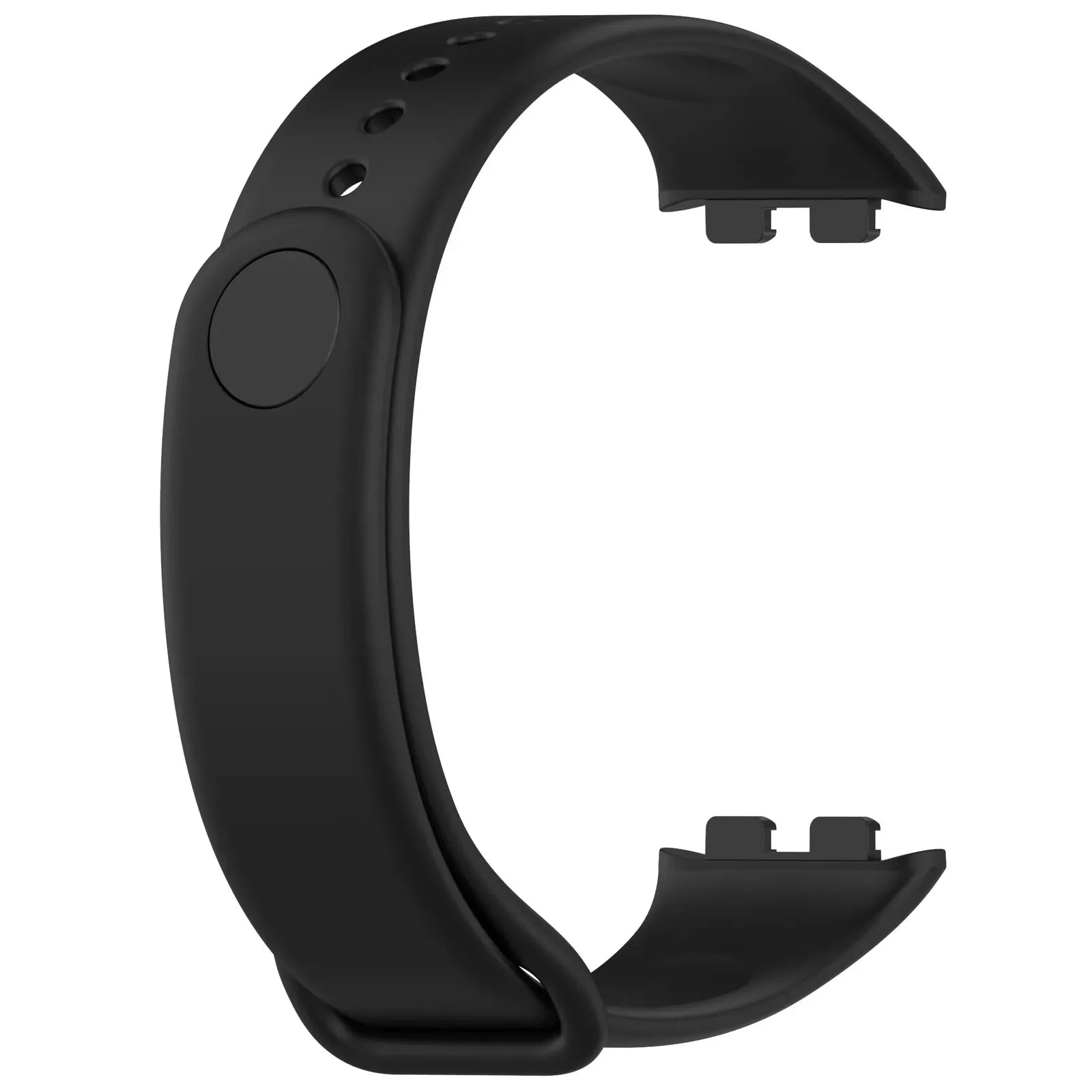 Ein schwarzes, gebogenes Uhrenarmband mit einem kreisförmigen Knopf und zwei rechteckigen Verschlüssen. Der Hintergrund ist weiß.