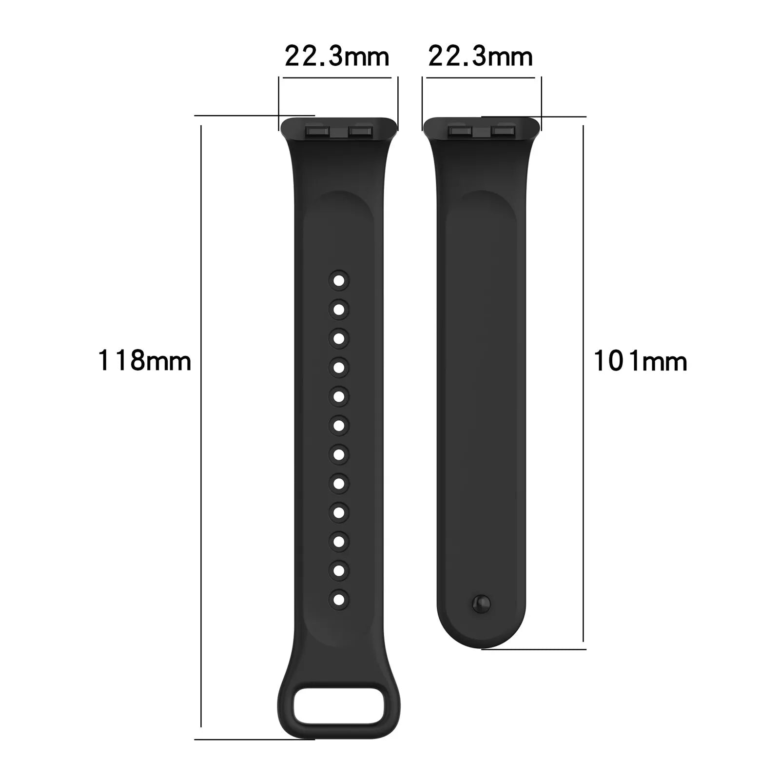 Schwarze Uhrenarmbänder mit Maßangaben. Eines ist 118 mm lang, das andere 101 mm lang. Die Breite beträgt 22,3 mm.