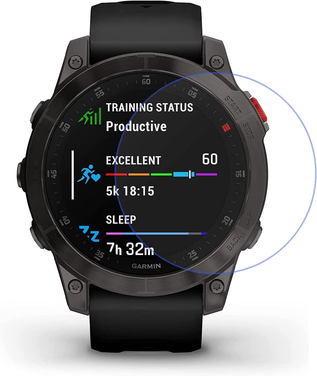 Schwarze Garmin-Smartwatch zeigt Trainingsstatistiken an: produktiver Status, hervorragende Bewertung, 5 km Lauf und Schlafdauer von 7h 32m.