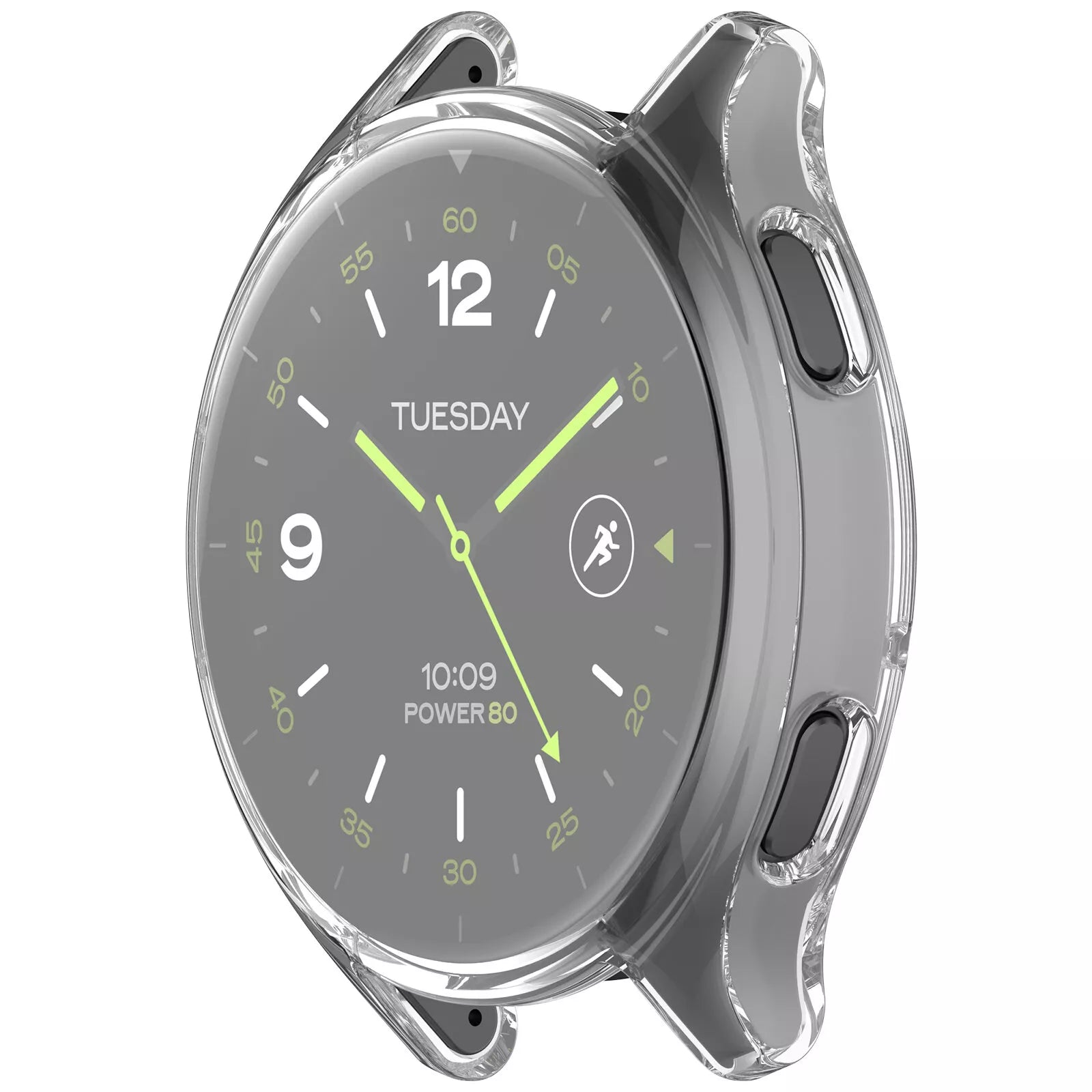Eine Smartwatch mit klarer Schutzhülle. Das Zifferblatt zeigt die Zeit als 10:09 Uhr am Dienstag, mit einem Lauf-Symbol.