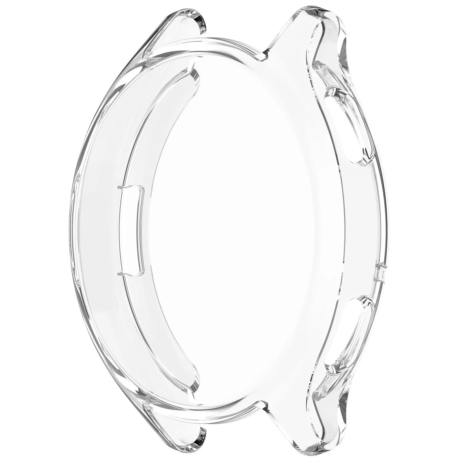 Eine transparente, transparente Uhrenhülle. Sie hat eine kreisförmige Form mit gebogenen Kanten und Aussparungen für die Bedienelemente der Uhr.