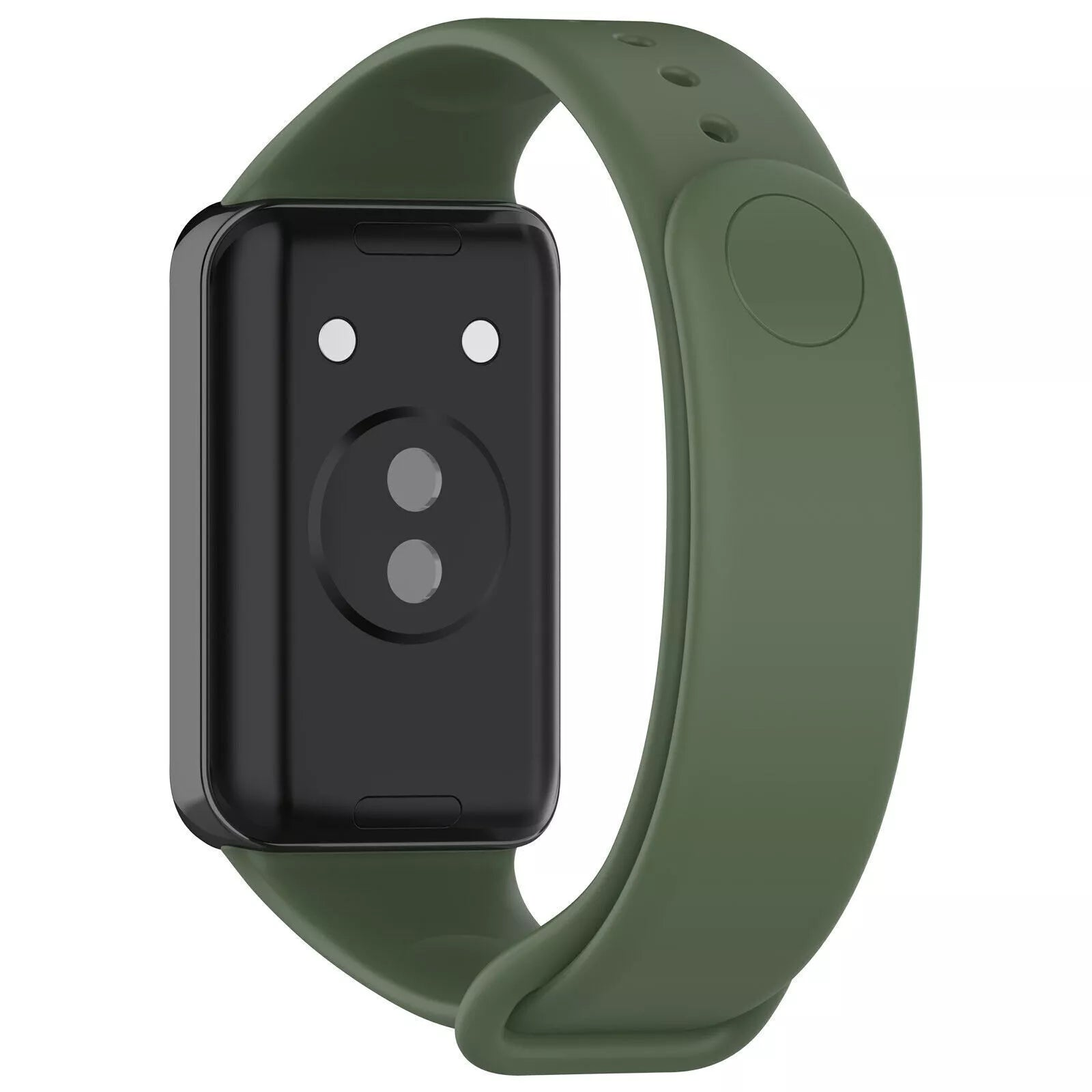 Eine schwarze Smartwatch mit olivgrünem Armband. Sie hat einen rechteckigen Bildschirm und zwei Knöpfe.