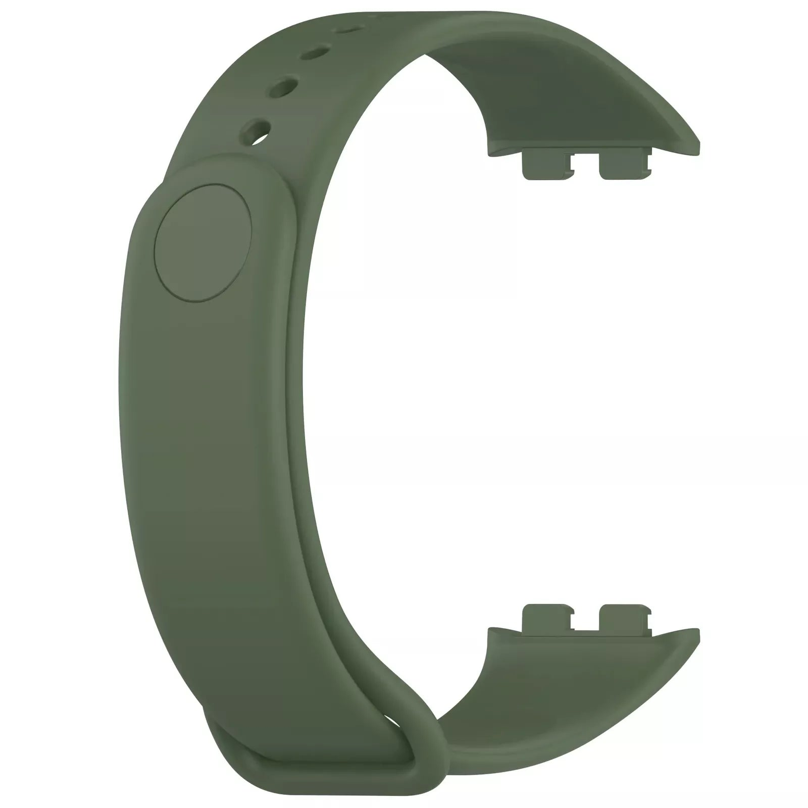 Olivgrünes Uhrenarmband. Es hat Löcher auf einer Seite und einen kreisförmigen Knopf. Das Band hat zwei Anschlüsse.