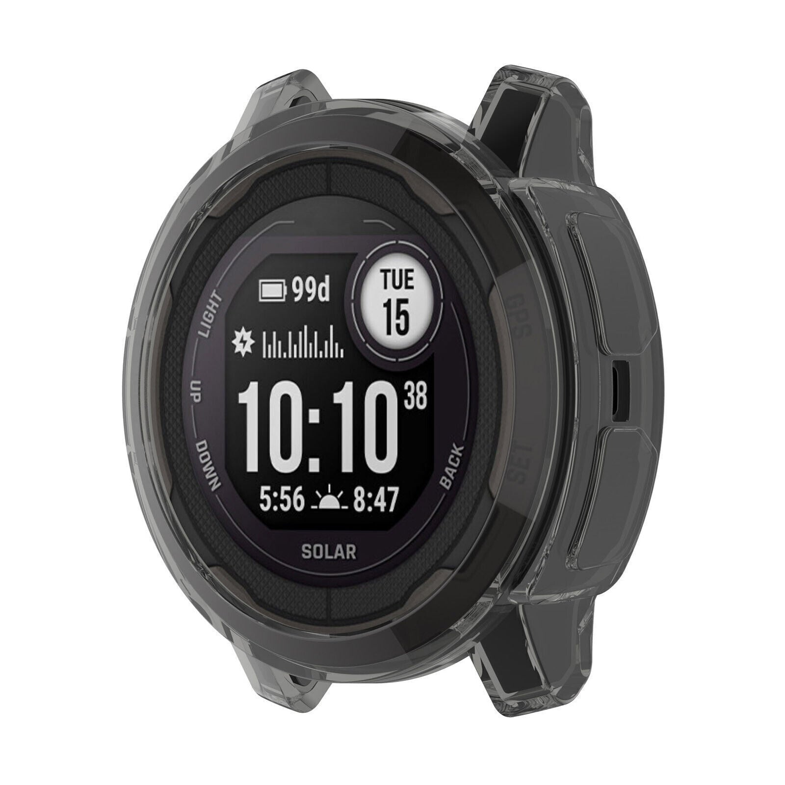Eine schwarze Smartwatch mit der Uhrzeit 10:10, dem Datum Di 15 und der Batterie 99d. Sie hat eine transparente Schutzhülle.