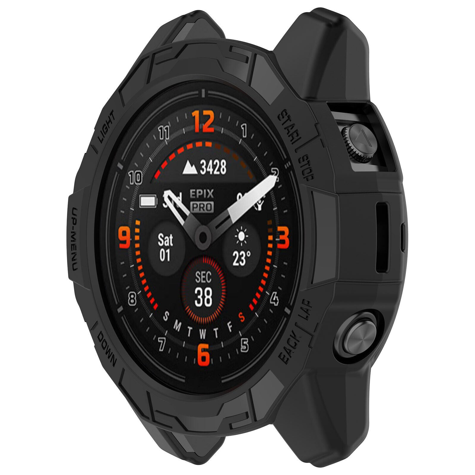 Schwarze Smartwatch zeigt Zeit, Datum und Aktivitätsstatistiken. Sie hat ein digitales Display mit roten und weißen Akzenten. Knöpfe an der Seite.