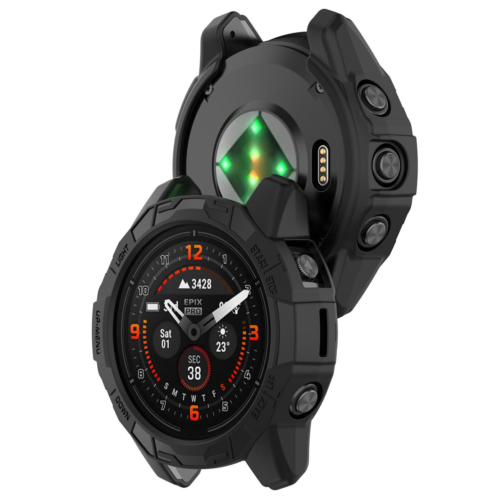 Schwarze Smartwatch mit digitaler Anzeige, die Zeit, Datum und andere Metriken anzeigt. Die Rückseite der Uhr hat Sensoren. Knöpfe an den Seiten.