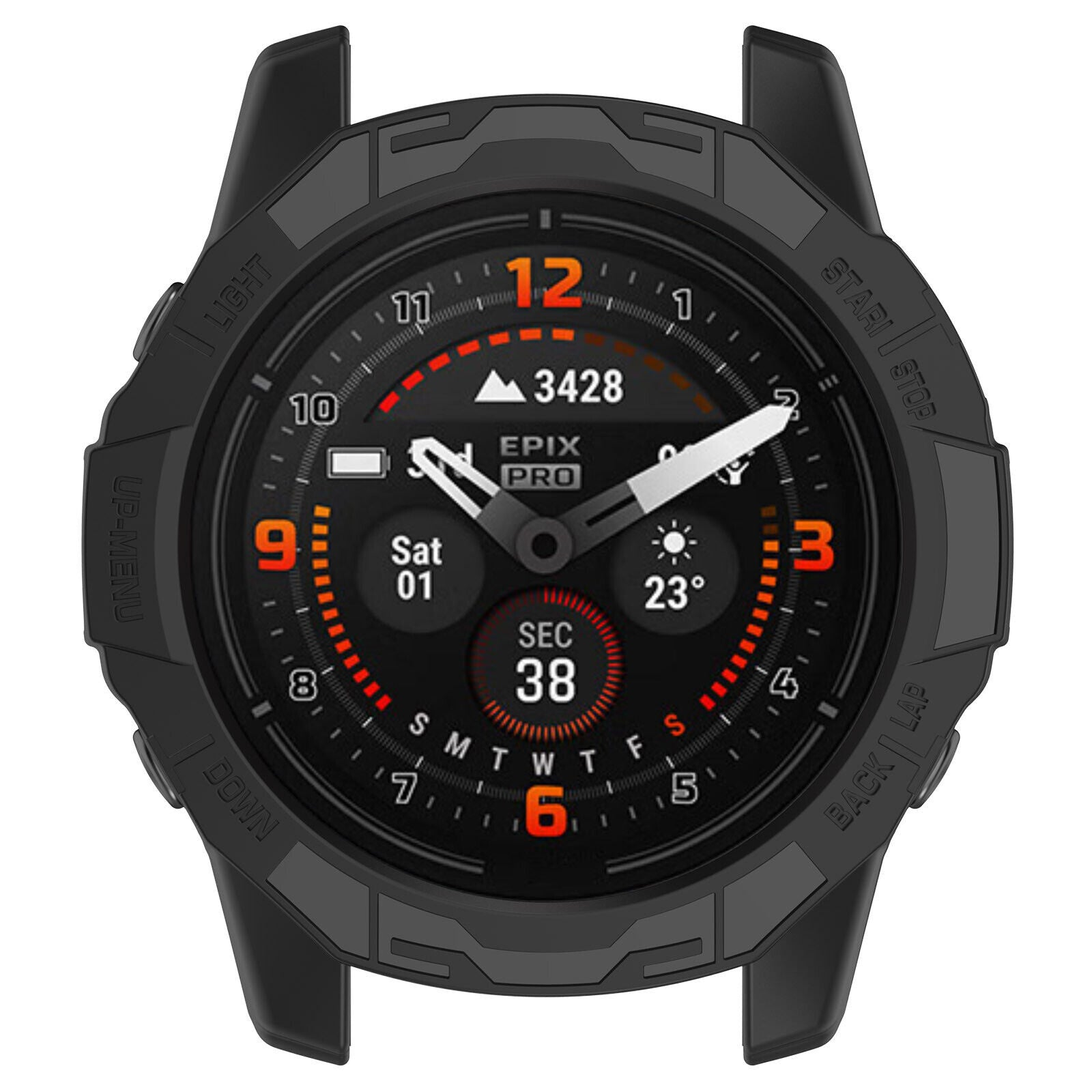 Eine schwarze Smartwatch zeigt Zeit, Datum und andere Metriken an. Sie hat Tasten für Licht, Menü, unten, Start/Stopp und zurück/Runde.