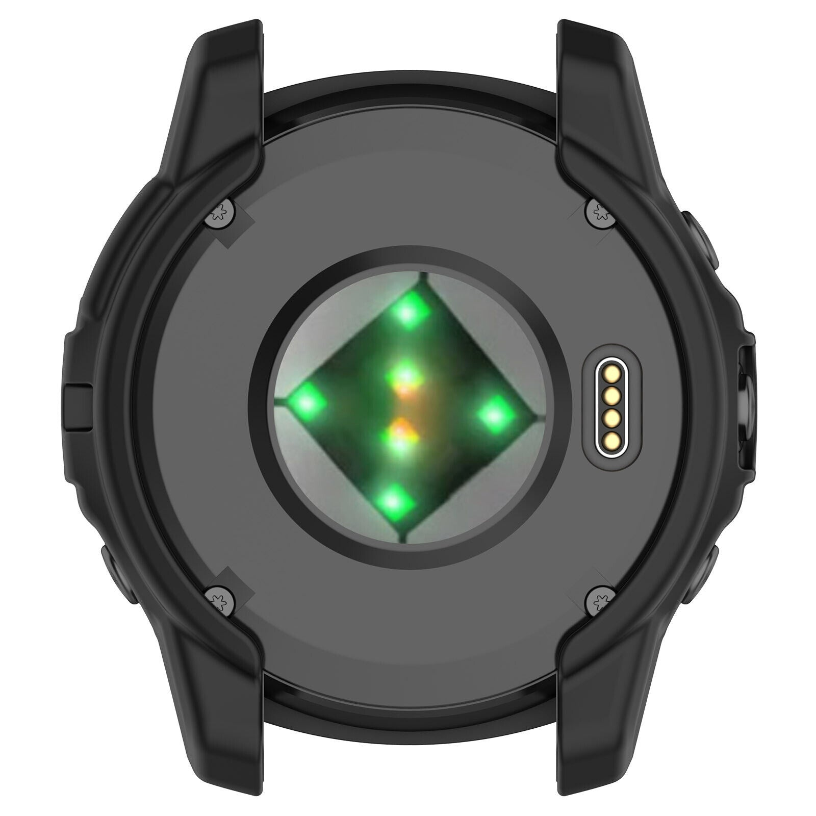 Schwarze Smartwatch-Rückseite. Mittelsensor mit grünen Lichtern, Ladepunkten und schwarzem Gehäuse mit Schrauben.