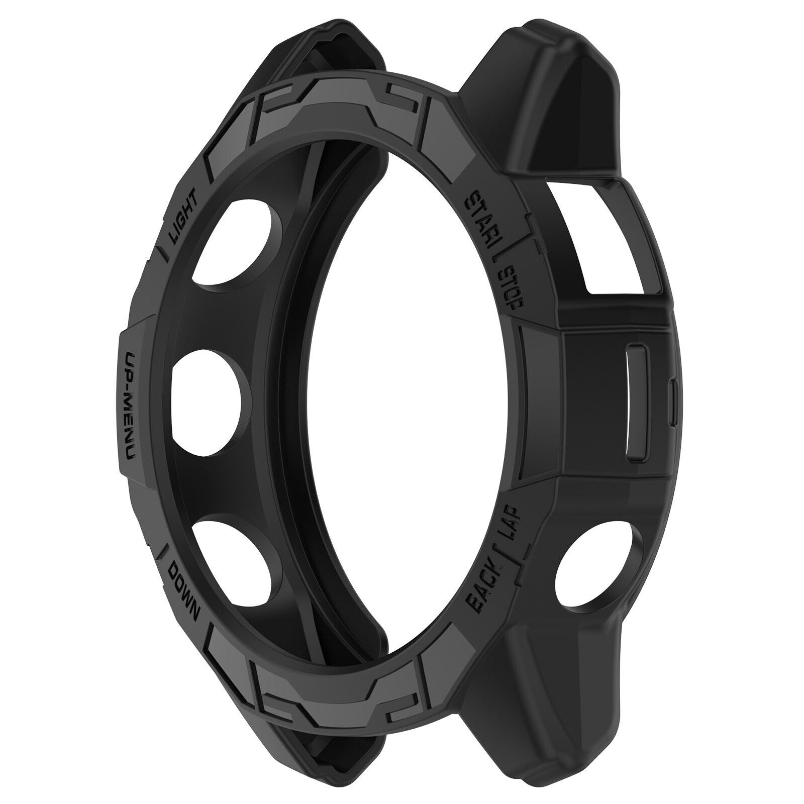 Ein schwarzer Uhrengehäuseschutz mit Tastenbeschriftungen wie LIGHT, START und BACK. Enthält runde Löcher.