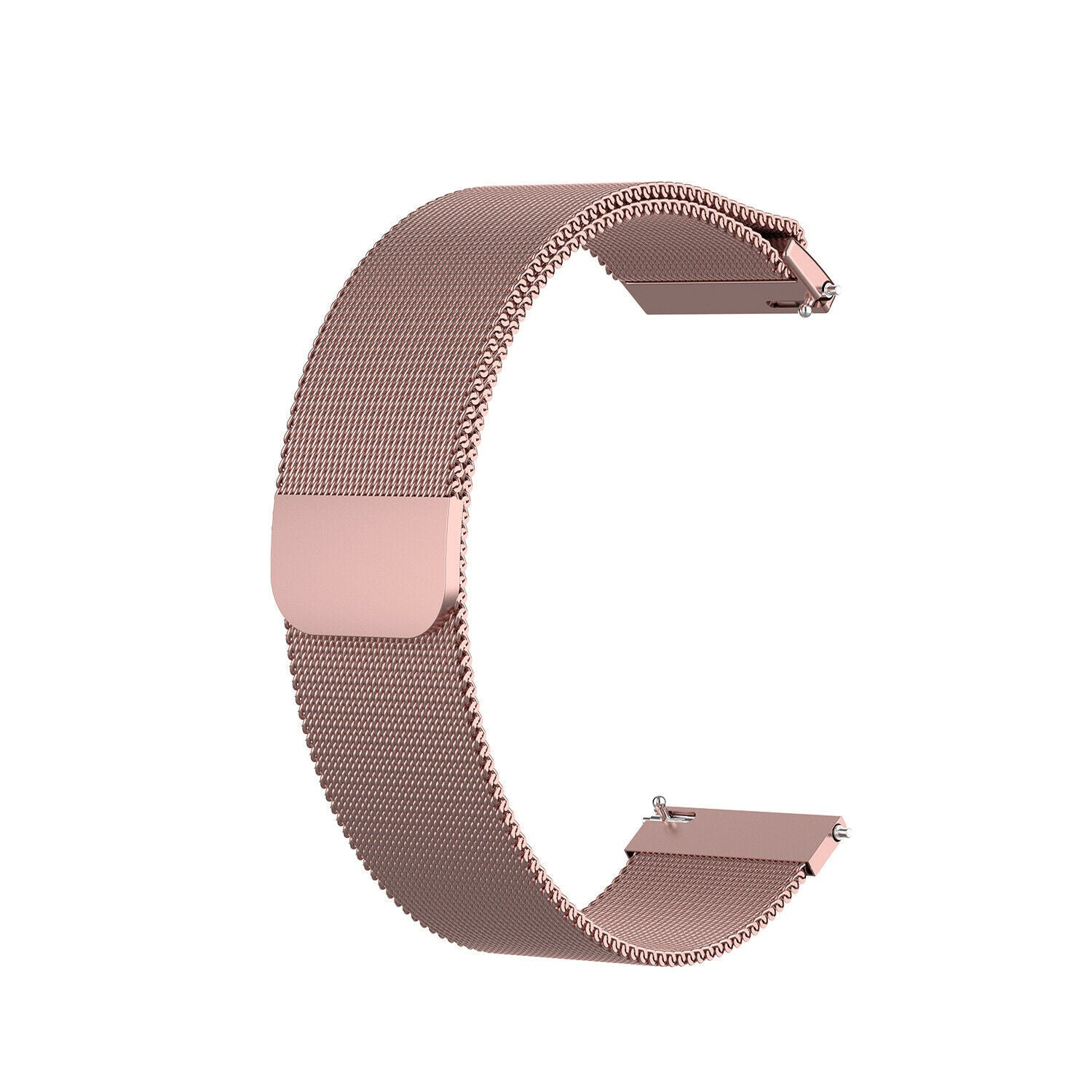Ein roségoldenes Uhrenarmband in C-Form. Es besteht aus einem Mesh-Material. Der Hintergrund ist schlicht weiß.