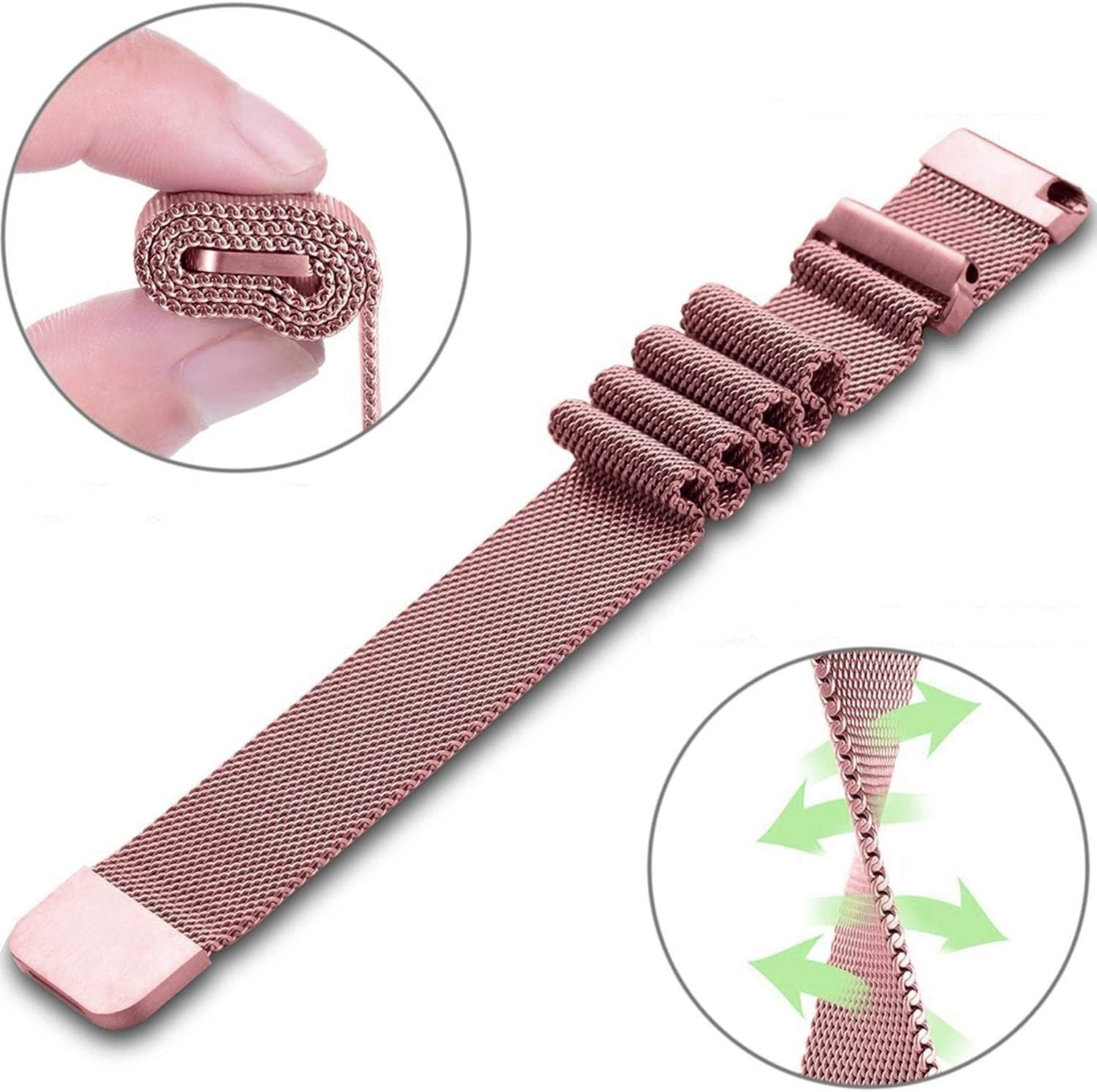 Ein roségoldenes Uhrenarmband mit Mesh-Design. Details umfassen Nahaufnahmen von Verschluss und Mesh-Material.