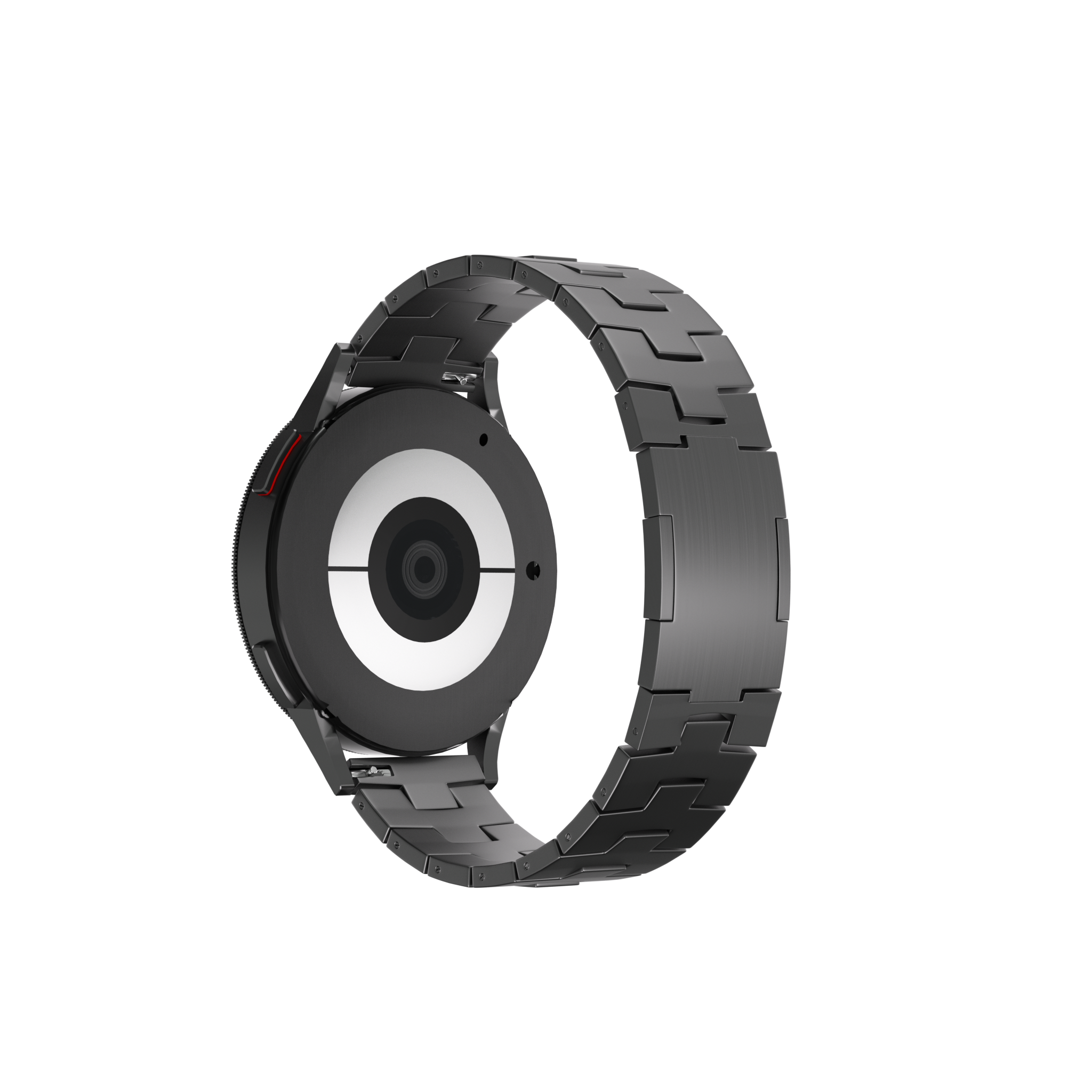 Eine schwarze Smartwatch mit Metallarmband wird gezeigt. Das Zifferblatt ist sichtbar, und das Armband ist abgewinkelt.