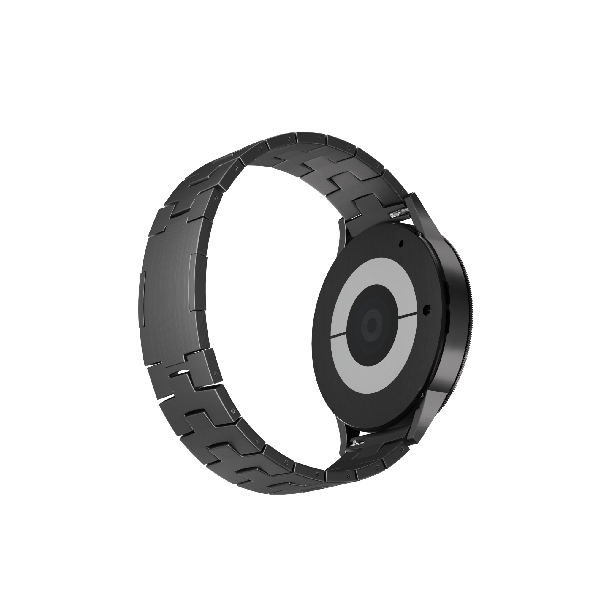 Eine moderne Smartwatch mit dunkelgrauem Metallarmband. Das Zifferblatt ist schwarz mit einem weißen kreisförmigen Design.