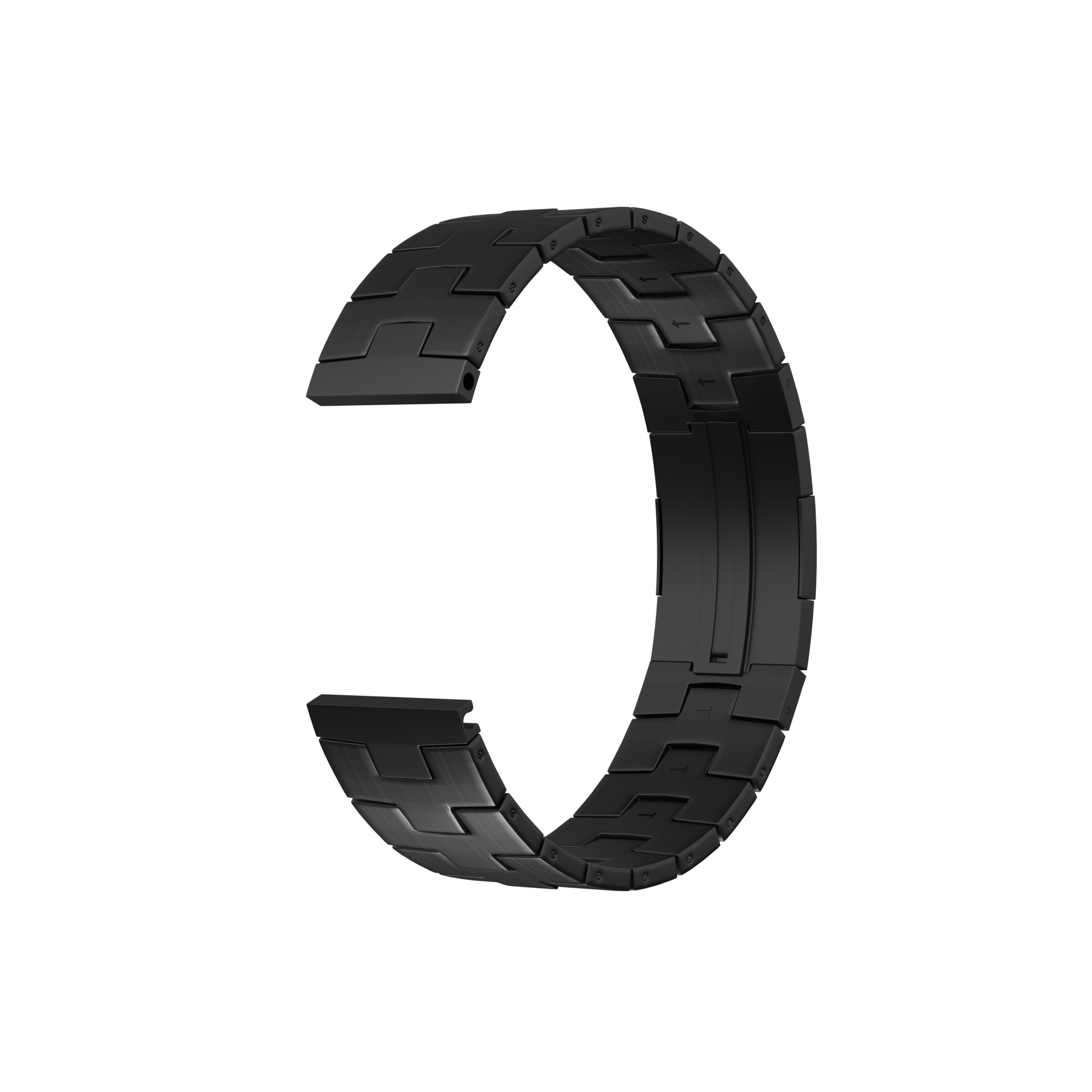 Ein schwarzes, segmentiertes Armband liegt auf dunklem Hintergrund. Es hat eine C-Form mit Verschluss und detaillierten Gliedern.
