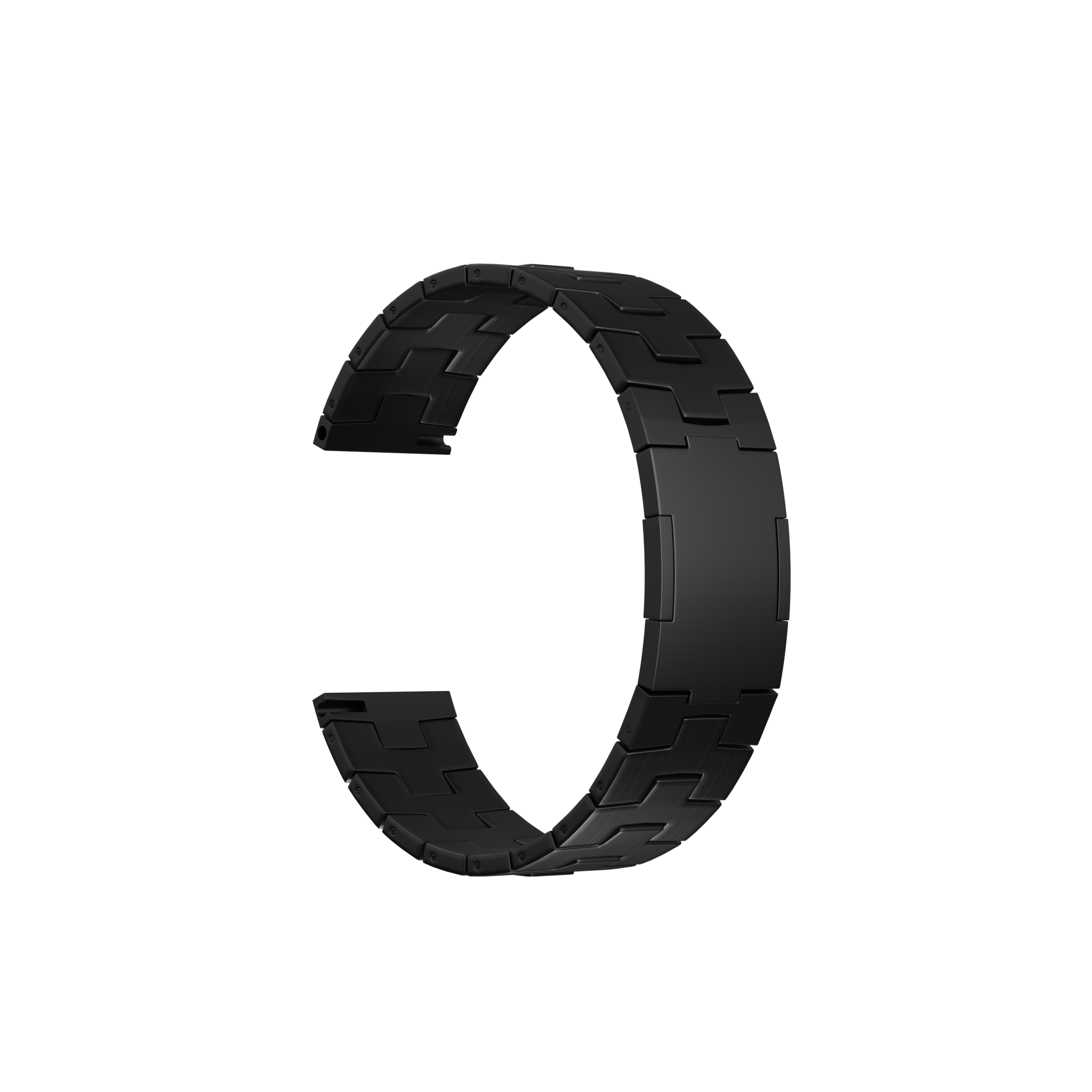 Ein schwarzes Uhrenarmband. Das Band besteht aus ineinandergreifenden Segmenten. Der Hintergrund ist schwarz.