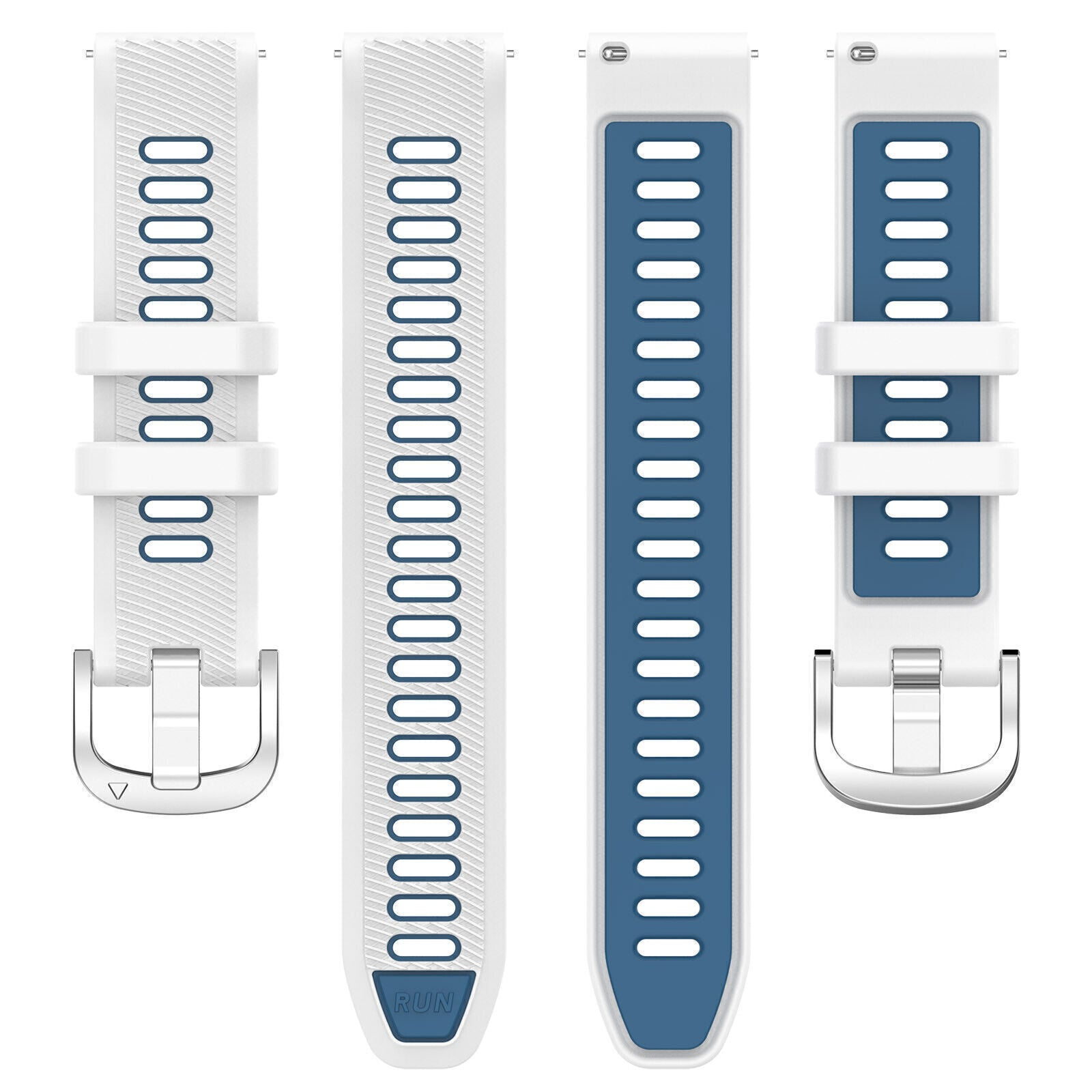 Vier weiße und blaue Uhrenarmbänder vor weißem Hintergrund, zwei mit Löchern und zwei mit Schnallen.