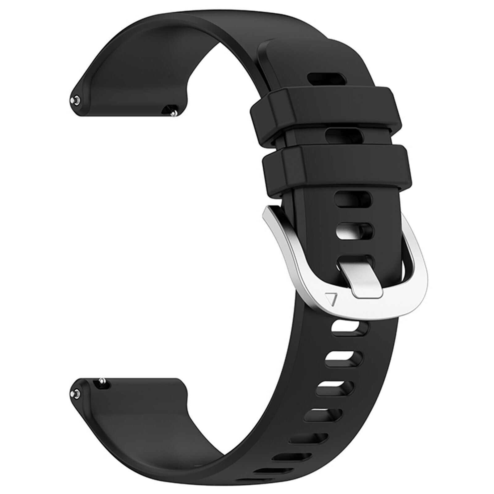 Schwarzes Uhrenarmband mit silberner Schnalle. Es hat Löcher zur Anpassung.