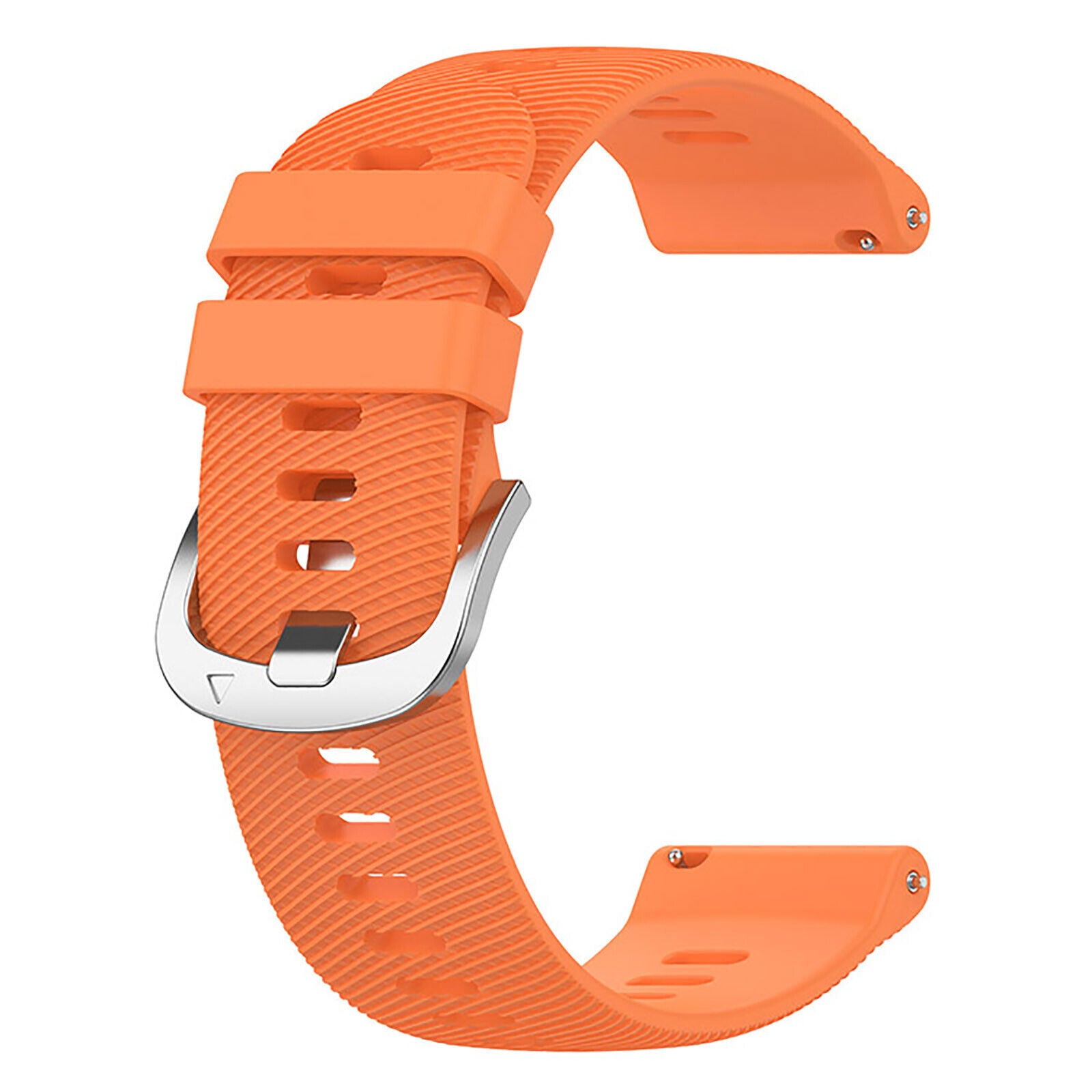Ein orangefarbenes Uhrenarmband mit silberner Schnalle. Das Armband hat eine strukturierte Oberfläche und ist gebogen. Es ist ein lebendiges, auffälliges Accessoire.