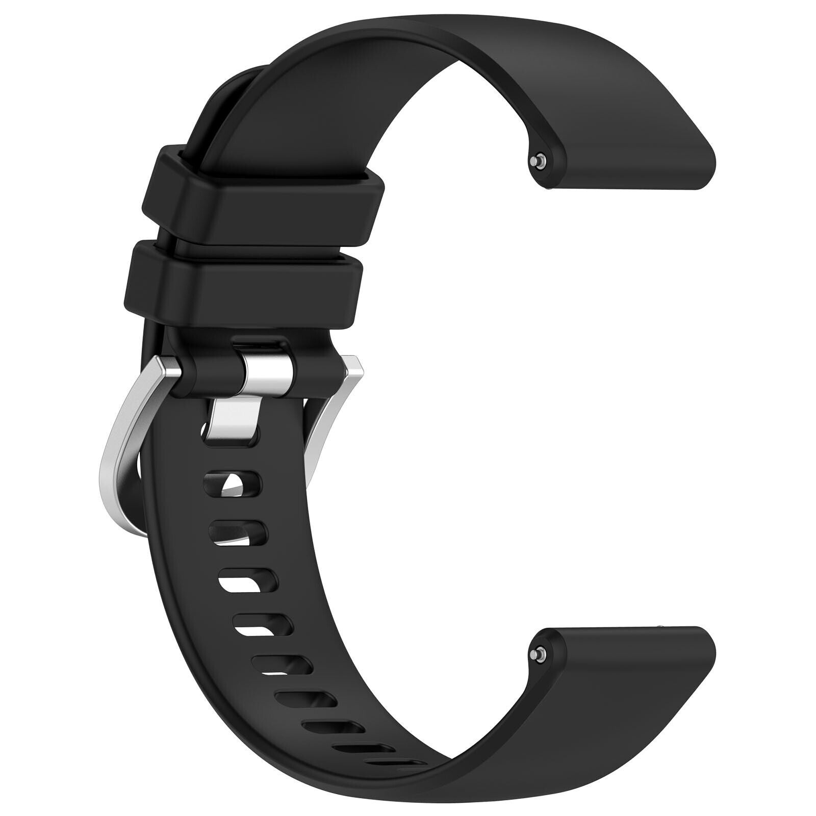 Schwarzes Smartwatch-Armband in C-Form mit silberner Schnalle. Das Band hat Löcher. Der Hintergrund ist weiß.