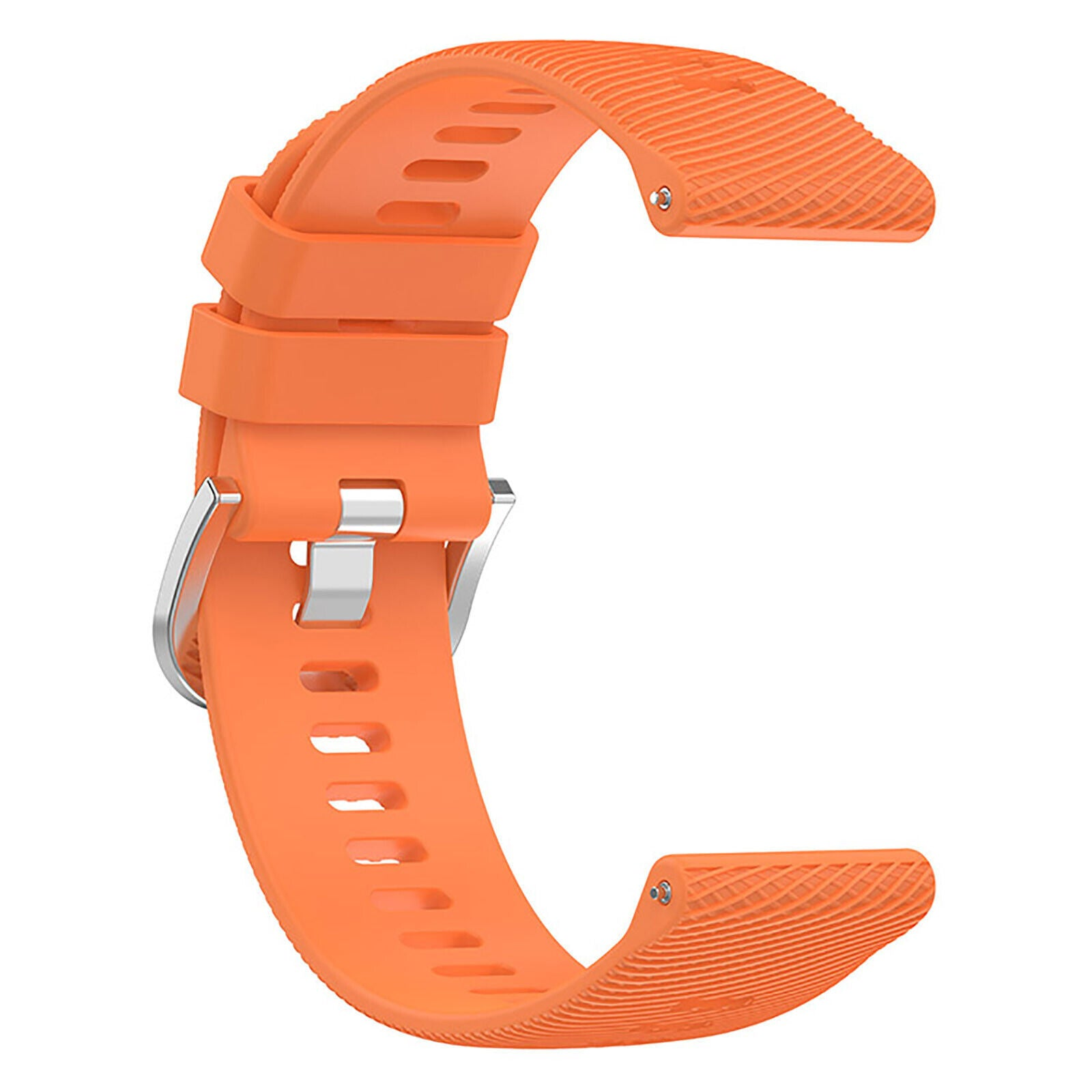 Ein orangefarbenes Uhrenarmband in C-Form. Es hat eine silberne Schnalle und vor einem weißen Hintergrund. Das Armband hat strukturierte Oberflächen.