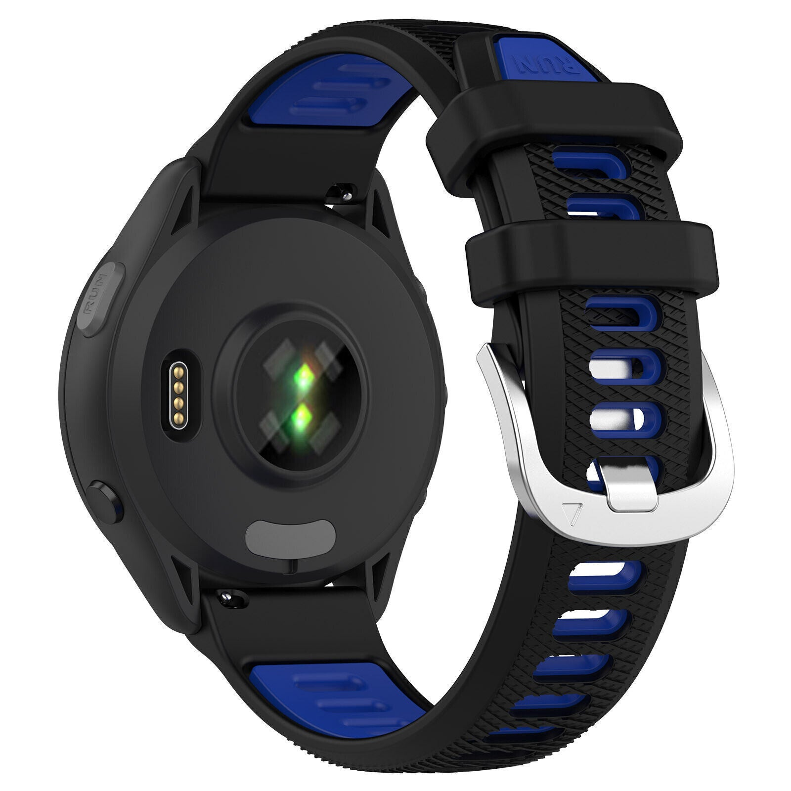 Schwarze Smartwatch mit blauem Armband. Die Uhr hat einen Herzfrequenzsensor. Der Verschluss ist silber.