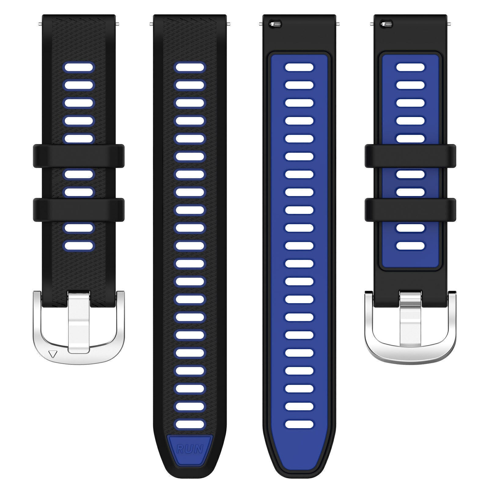 Vier Uhrenarmbänder werden angezeigt. Zwei sind schwarz mit weißen Schlitzen und zwei sind blau mit schwarzen Akzenten. Schnallen sind silberfarben.