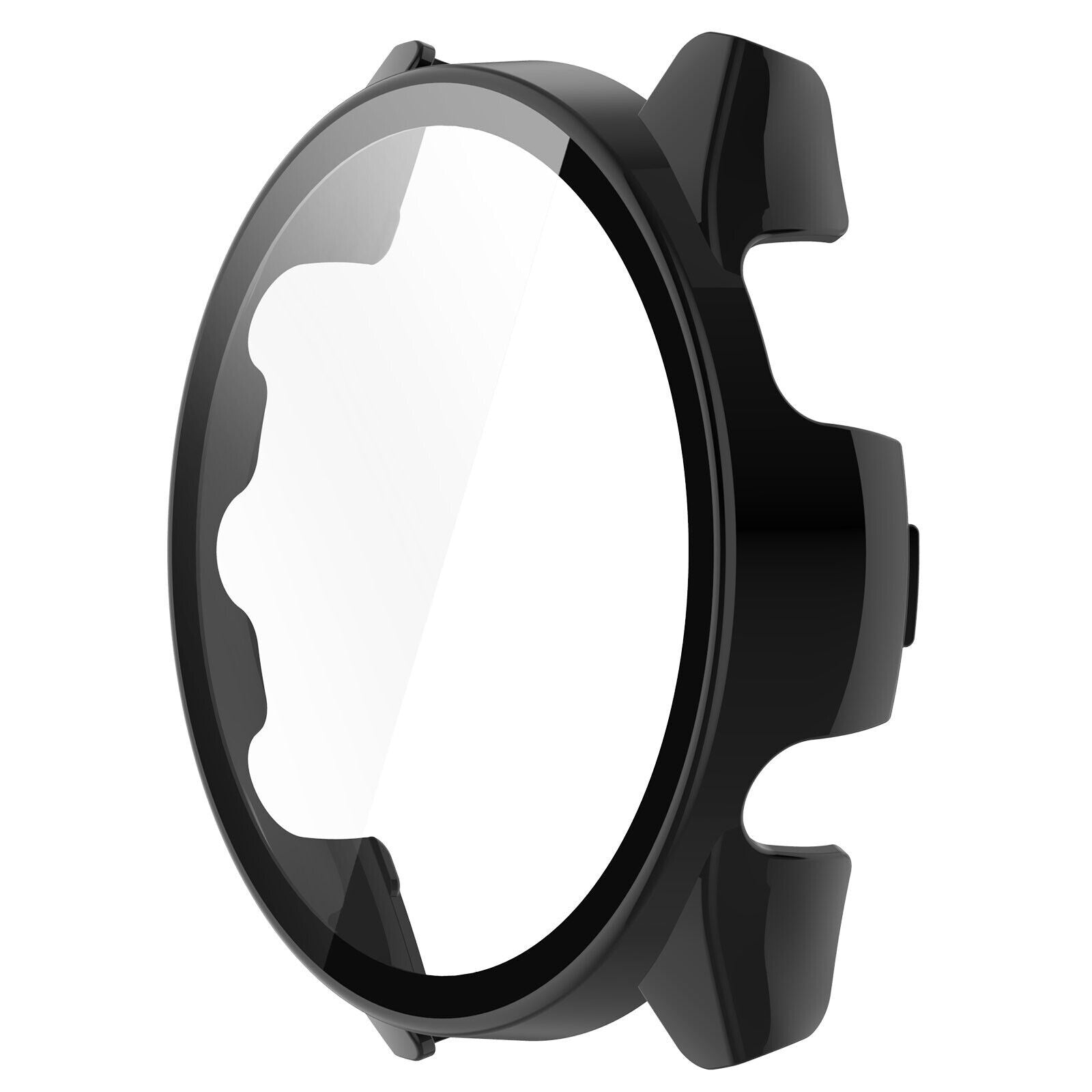 Eine schwarze Lünette mit klarer Glasabdeckung. Sie hat eine runde Form mit Aussparungen und vor weißem Hintergrund.