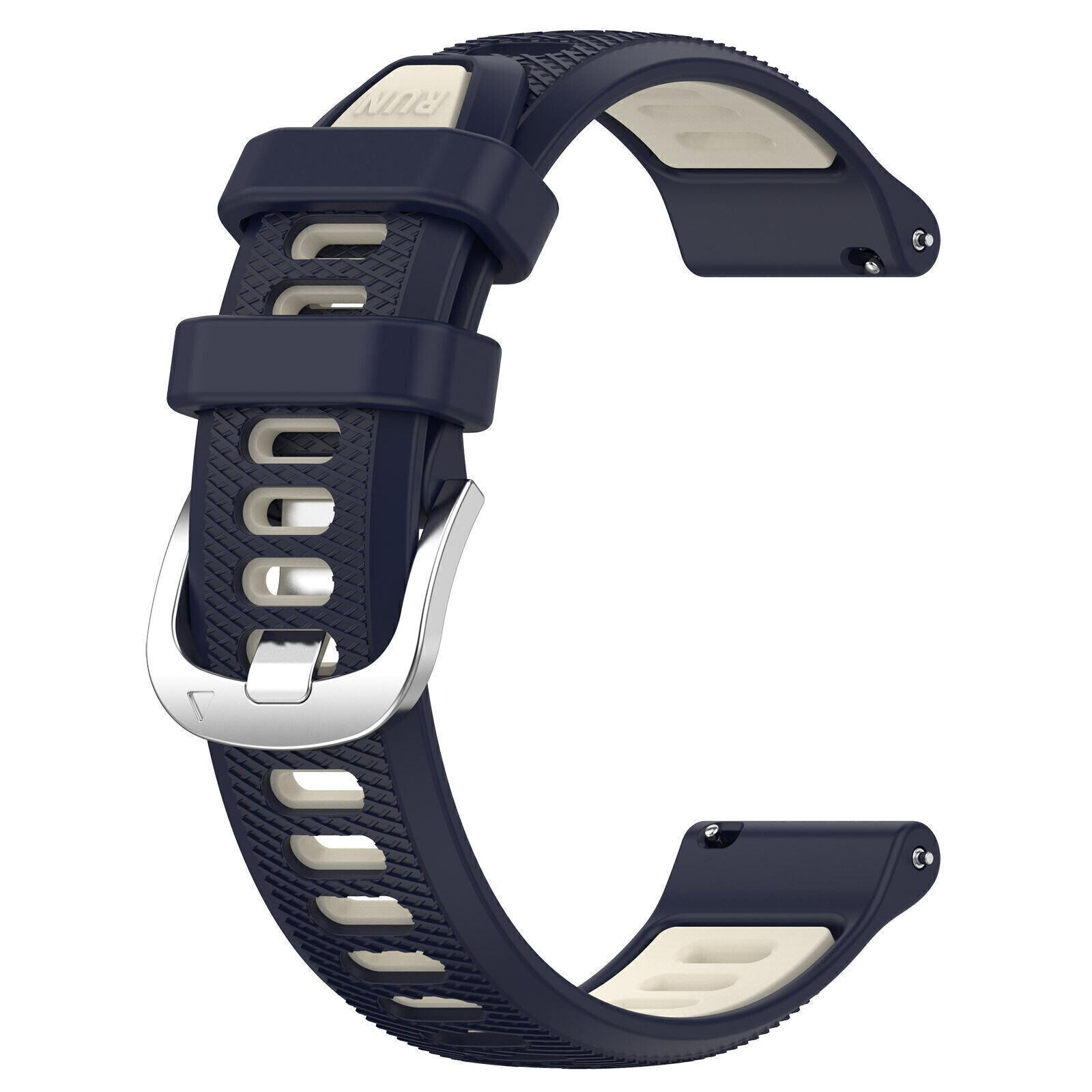 Ein marineblaues und cremefarbenes Uhrenarmband mit einer silbernen Schnalle. Das Armband ist gebogen, innen cremefarben und außen marineblau.