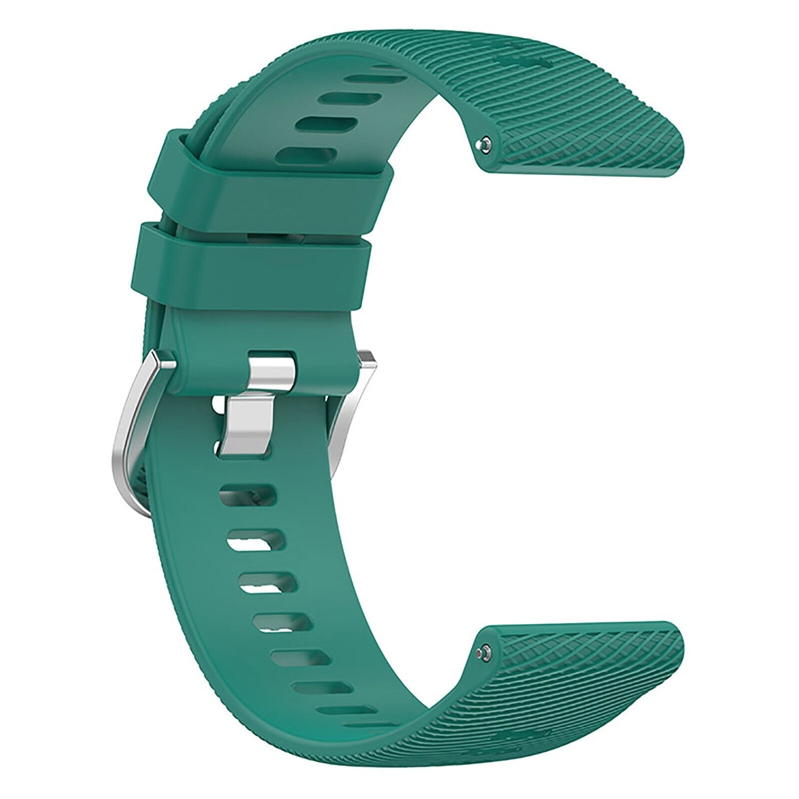 Ein grünes Armband wird vor weißem Hintergrund gezeigt. Es hat eine silberne Schnalle. Das Armband ist gebogen.