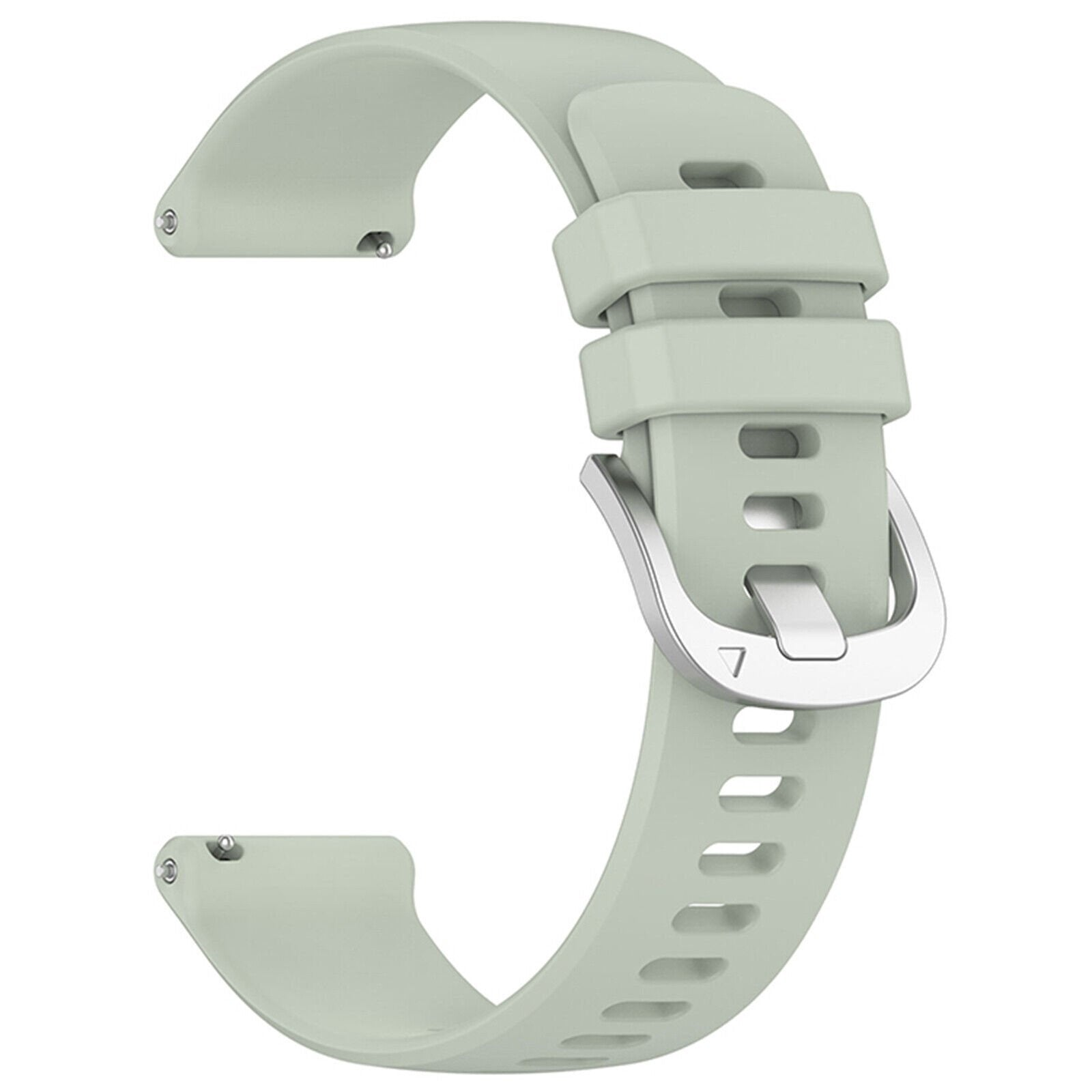 Ein hellgrünes Uhrenarmband mit einer silbernen Schnalle. Es hat Löcher zur Anpassung und ist gebogen.