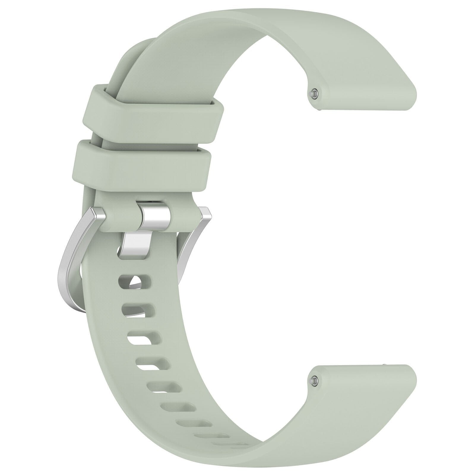 Ein hellgrünes Armband in C-Form mit silberner Schnalle. Das Armband hat mehrere Löcher zur Anpassung.