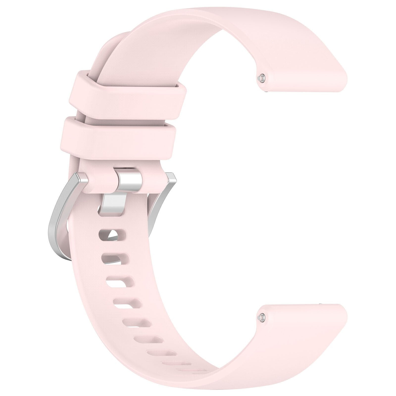 Ein hellrosa Armband in C-Form, mit silberner Metallschnalle und -verschluss. Das Armband hat ein gebogenes Design.